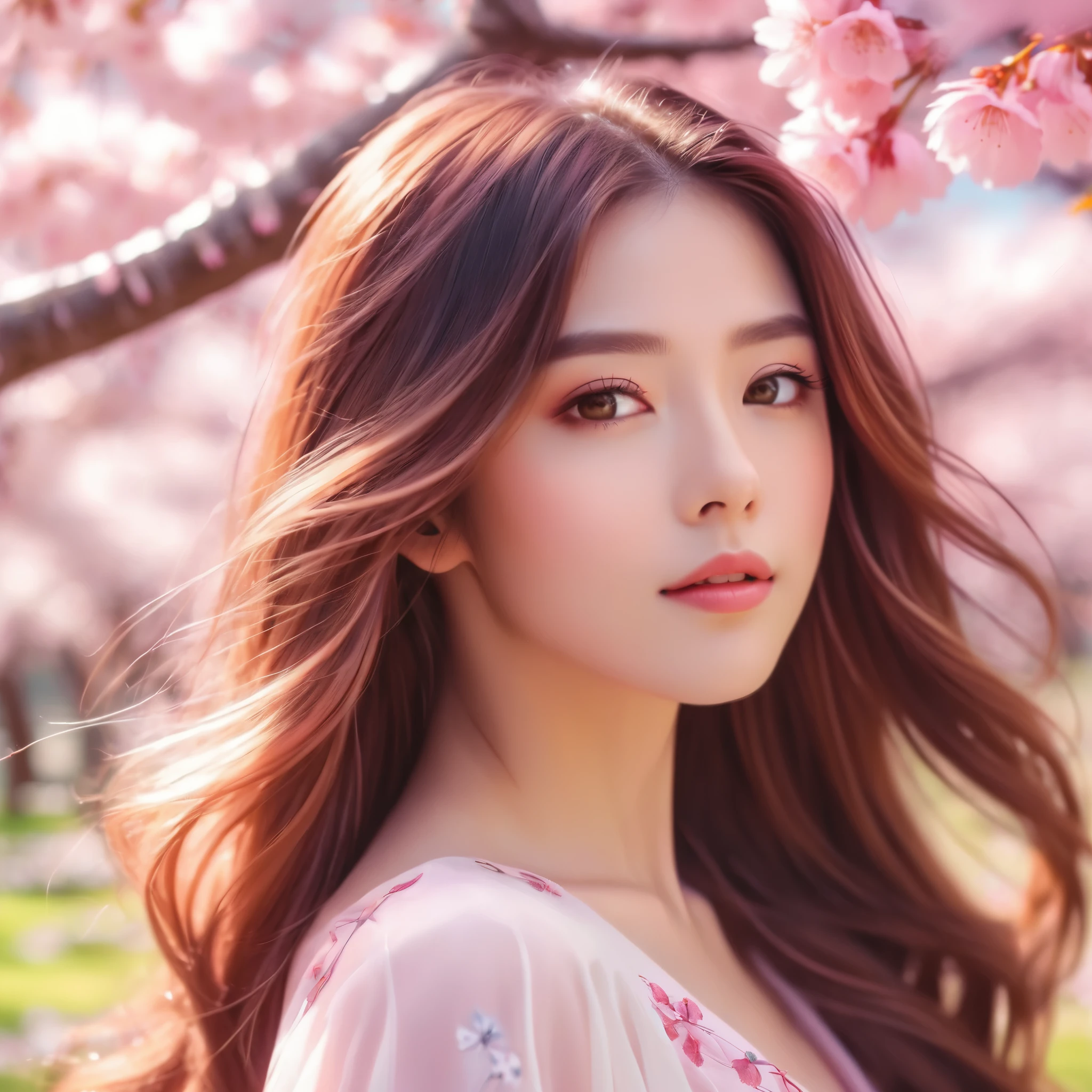A stunning anime-style illustration of a beautiful woman with long, flowing hair and captivating eyes, posing elegantly for a photoshoot in a vibrant, cherry blossom-filled park. Highly detailed, 8K resolution, with soft, pastel colors and a dreamy, ethereal atmosphere. Cinematic lighting and a shallow depth of field create a mesmerizing, romantic mood.