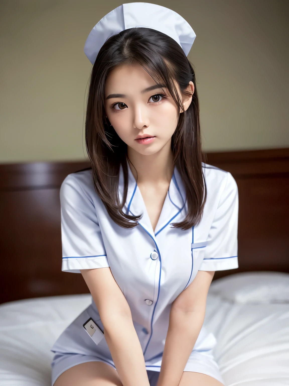highest quality, Detailed workmanship、high resolution、(8K, High resolution:1.2)、raw photo, photorealistic、slender body shape、high definition face、Face is in focus、high definition eyes、(Focused, symmetrical pupils:1.2)、High-definition and beautiful skin、firm skin、natural makeup、gross lip, High-definition hair texture、masterpiece、japanese woman、nurse、nurse、、very cute, very short hair break (White nursing uniform、白いnurseの制服:1.3) break (hugging own knees by arms:1.2), (on the hospital bed:1.2)、(sleeping with my knees on the bed:1.3)、Opening eyes、(very embarrassed:1.3), (blush:1.3), (Sad face、scared face:1.3)、wet eye, shy look、Staring at the camera、(Photographed from directly above:1.3)、medium breast, nsfw, cleavage