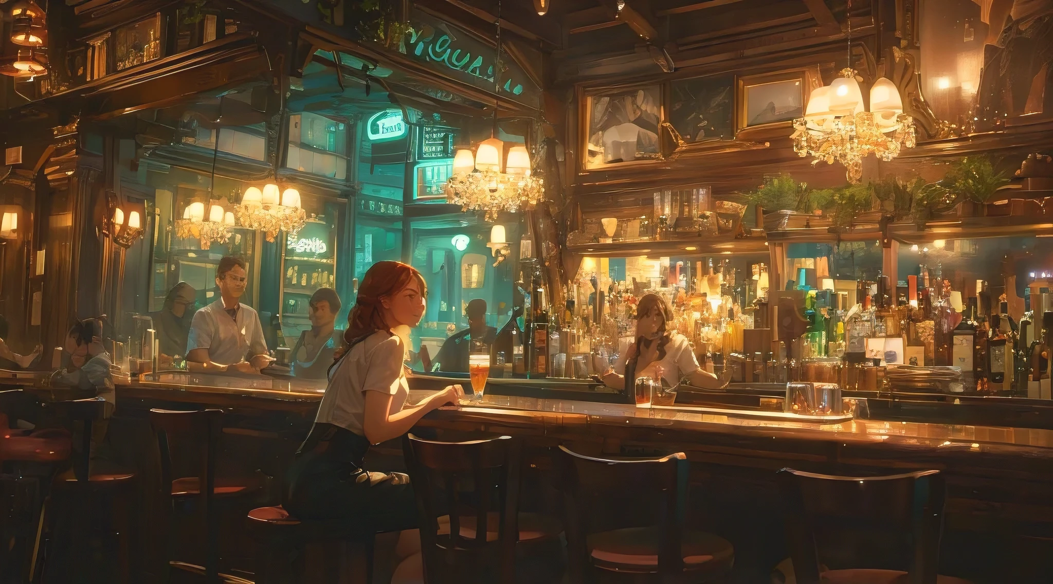 ultra wide angle,a bar scene,a female bartender,a few patrons,seems like a slow day,moody lighting,cinematic,(best quality,4k,8k,highres,masterpiece:1.2),ultra-detailed,(realistic,photorealistic,photo-realistic:1.37),portrait photography,vibrant colors,dark color tones,foggy atmosphere