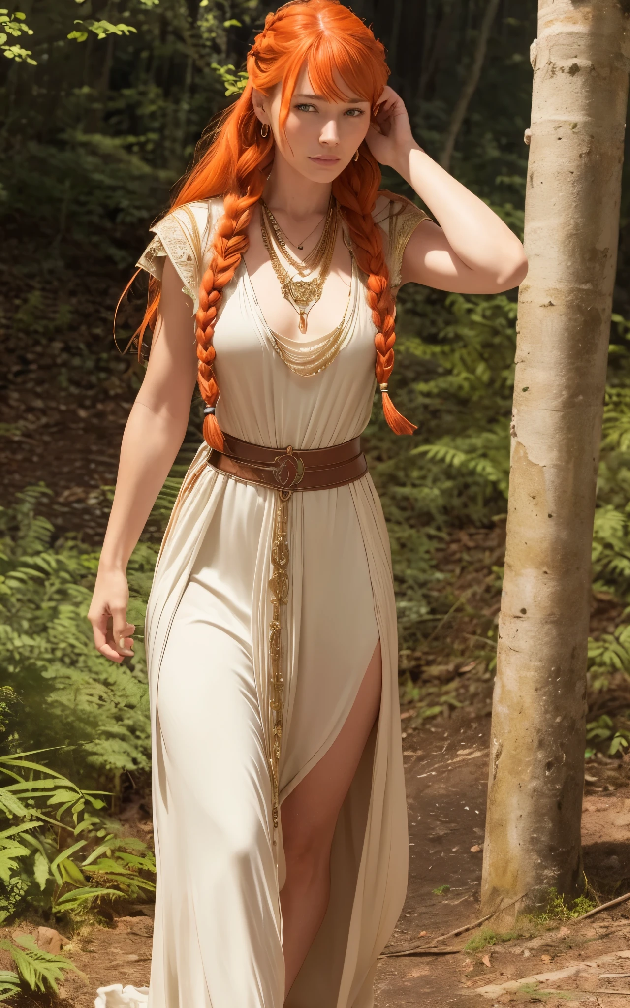 Flamme, (young Lena Headey:Evangeline Lilly), A 35-year-old woman with orange hair, green eyes, sideburns, one large braid, a gold necklace with a ruby pendant, dressed in a white Greek tunic and Roman sandals, with gold bracelets on her arms, forest in the background, masterpiece, hyperdetailed,((1girl)) ,bangs,braided ponytail,single braid,orange hair,very long hair,sidelocks,red earrings,hair over one eye,