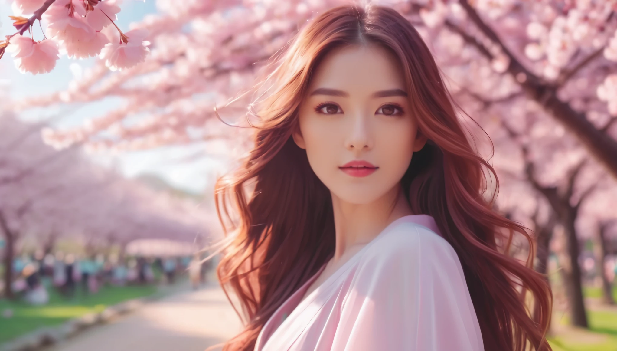 A stunning anime-style illustration of a beautiful woman with long, flowing hair and captivating eyes, posing elegantly for a photoshoot in a vibrant, cherry blossom-filled park. Highly detailed, 8K resolution, with soft, pastel colors and a dreamy, ethereal atmosphere. Cinematic lighting and a shallow depth of field create a mesmerizing, romantic mood.