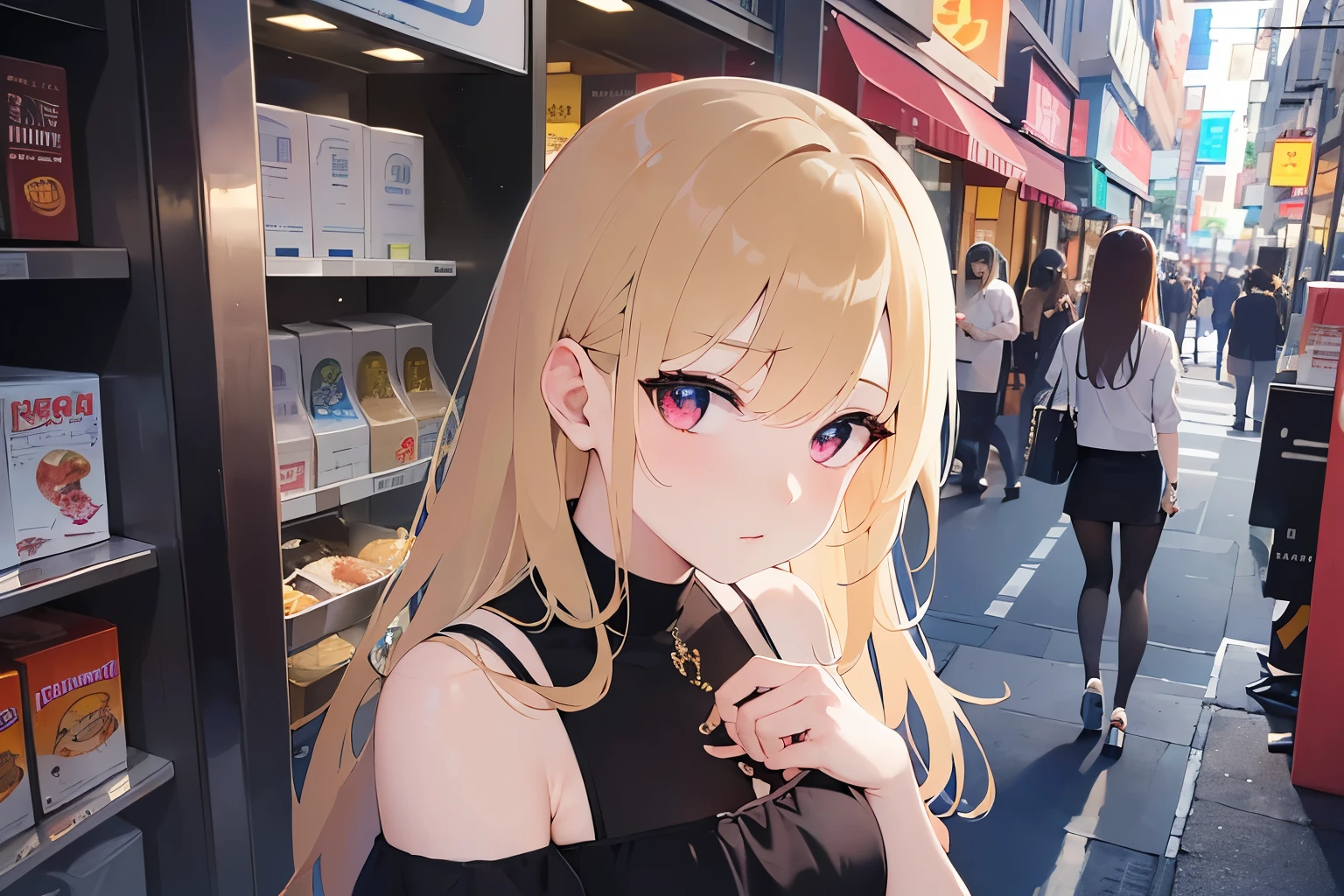 night, dark, shooting from above、looking up、 Upper Body, Realistic, real person, (pale skin: 1.2), RAW photo, photorealistic, portrait photography, shiny skin, japanese idol、shiny hair、(25 year old woman with medium hair with blonde bangs) and (wavy hair) and (orange eyes) , (embarrassed:1.3), She wears a black off-the-shoulder blouse、The background is a shopping street、Alone、Are standing、