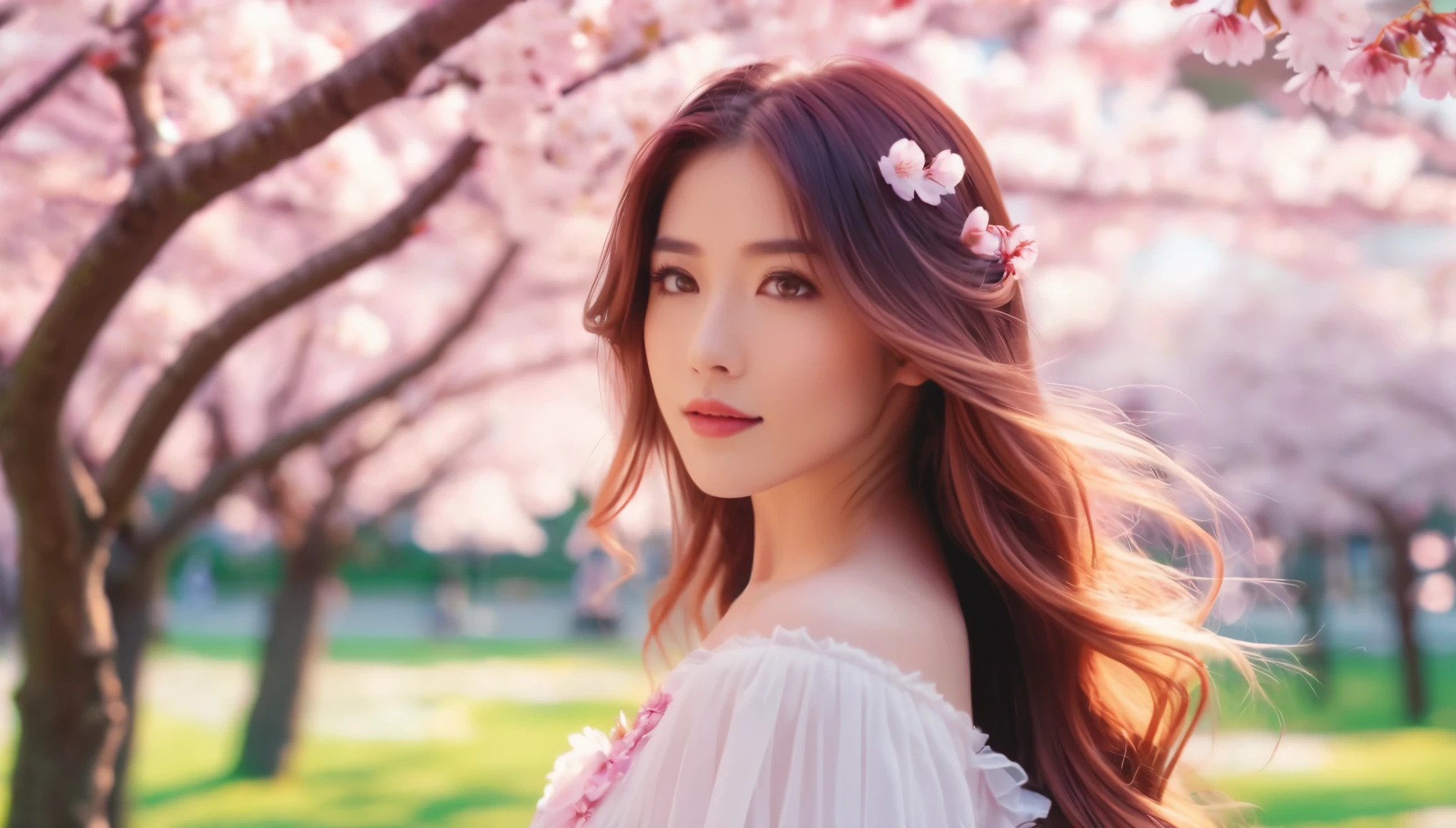 A stunning anime-style illustration of a beautiful woman with long, flowing hair and captivating eyes, posing elegantly for a photoshoot in a vibrant, cherry blossom-filled park. Highly detailed, 8K resolution, with soft, pastel colors and a dreamy, ethereal atmosphere. Cinematic lighting and a shallow depth of field create a mesmerizing, romantic mood.