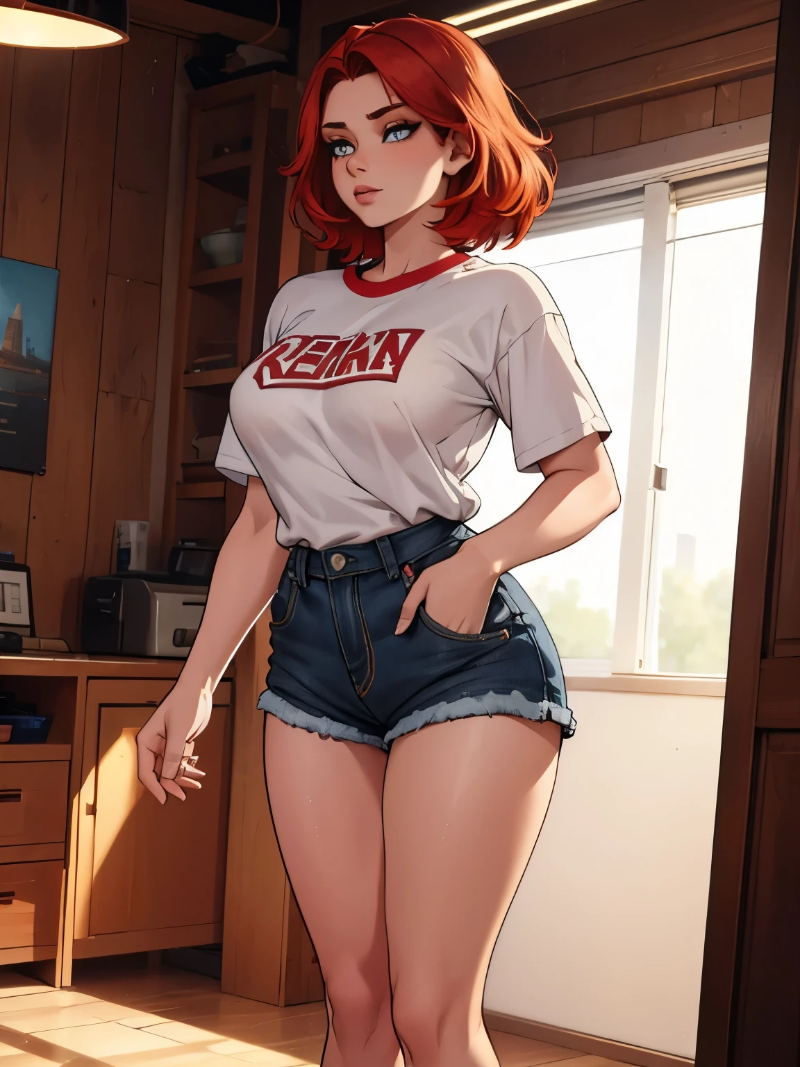 18 years old, redhead, beautiful redhead, beautiful short shorts, short fitted shirt, nipple highlighting the outfit,ultra-detailed,vibrant colors,studio lighting,physically-based rendering,sharp focus