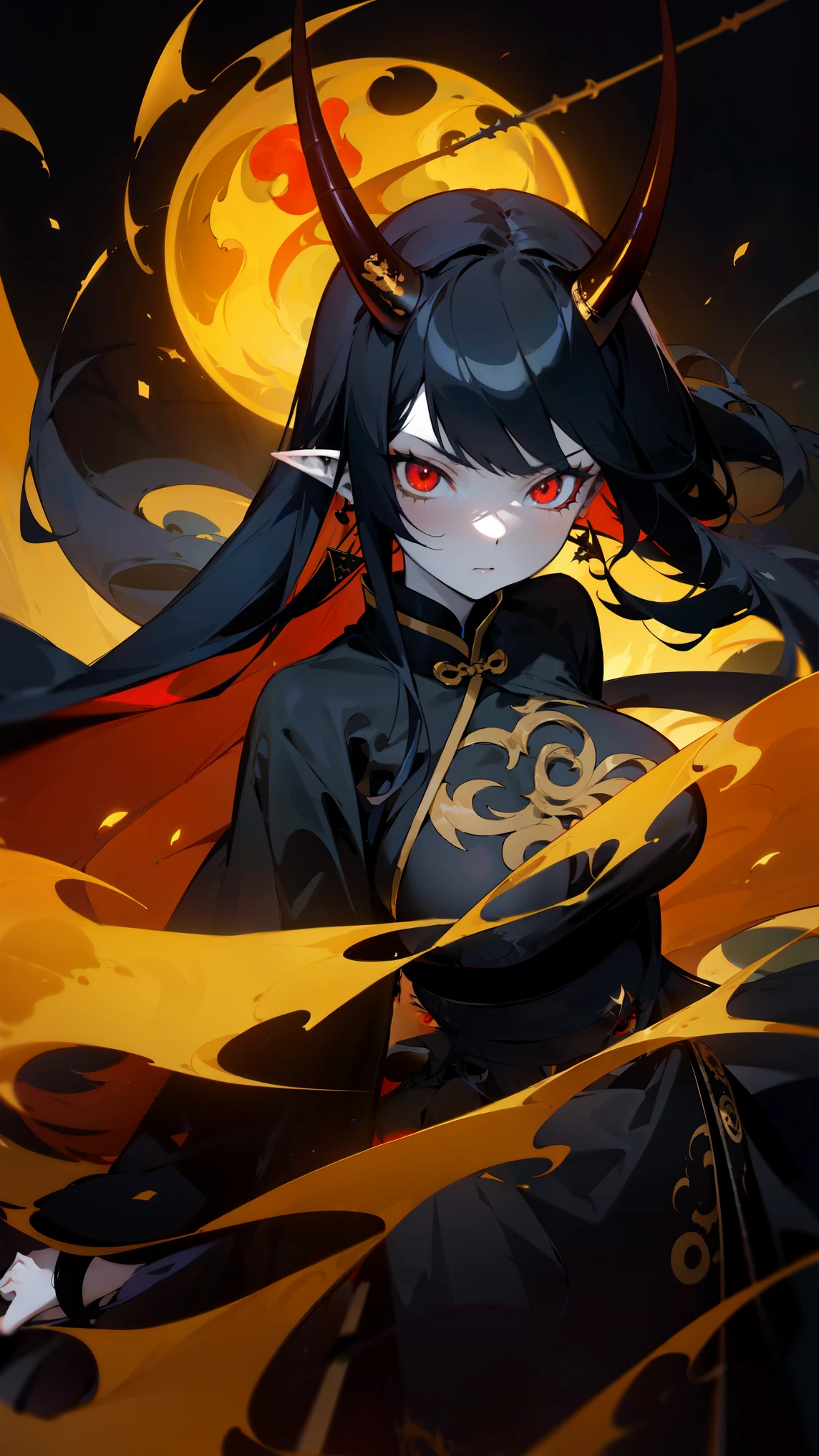 masterpiece, best quality, 1girl, Anime, 1girl, demon horn, long-side bangs, deep blue hair, long hair, straight hair, demon eyes, red eyes, pale skin, pointy ear, black earring, black chinese dress, intricate golden motif, medium-sized breast, tall, seductive, enticing, swinging black scythe forward, night, dark, ruins, post-apocalypse, clouds, looking at viewer, solo, swirling dark energy around character, flames around character, crows surrounding character, dark lighting, close-up
