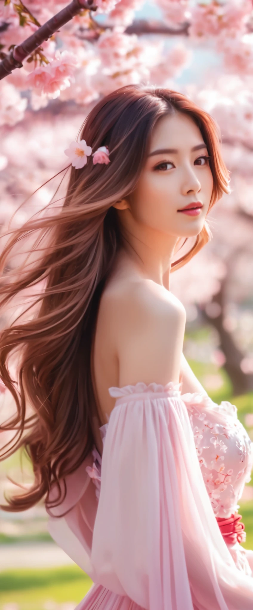 A stunning anime-style illustration of a beautiful woman with long, flowing hair and captivating eyes, posing elegantly for a photoshoot in a vibrant, cherry blossom-filled park. Highly detailed, 8K resolution, with soft, pastel colors and a dreamy, ethereal atmosphere. Cinematic lighting and a shallow depth of field create a mesmerizing, romantic mood. (full body:1.5)