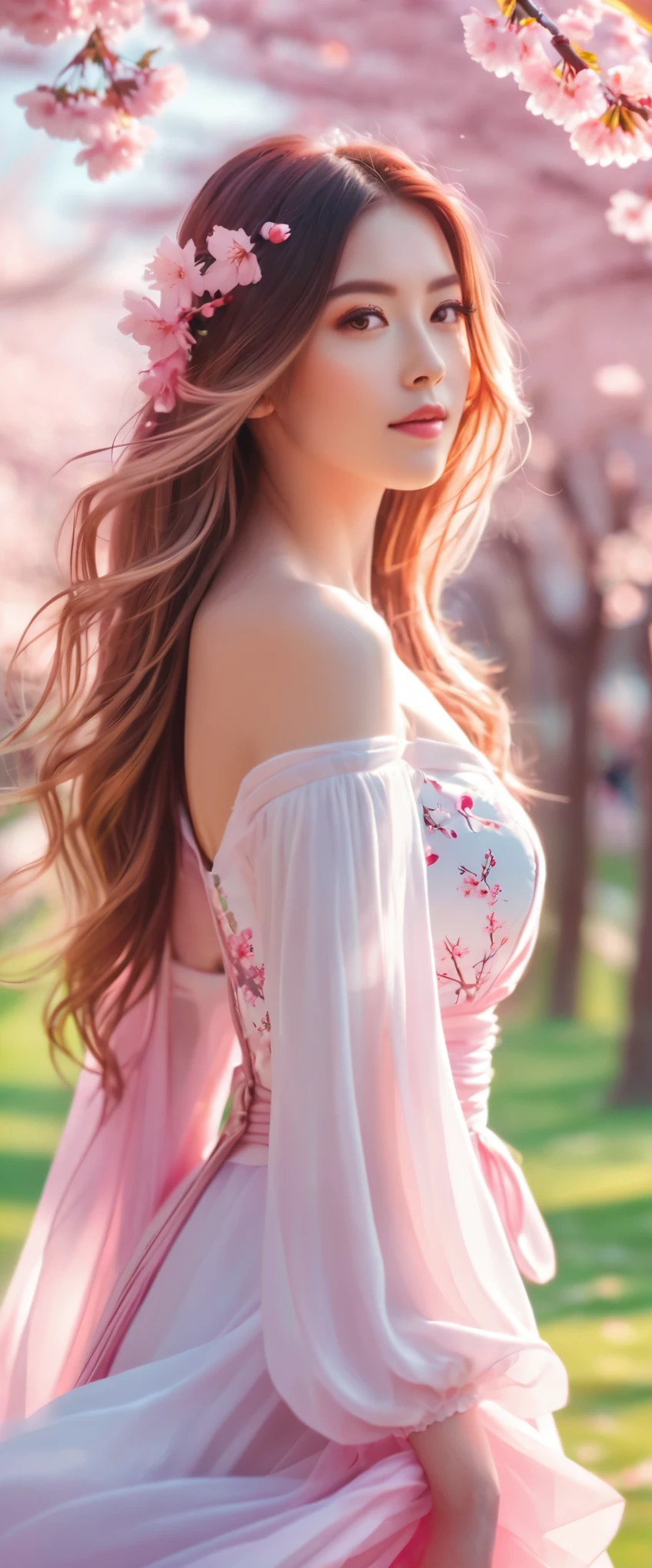 Bombshell girl, solo, russian supermodel, pale skin, long wavy hair, blunt bangs, make up, parted lips, massive breasts, gigantic breasts, sagging breasts, cleavage, , oversize white shirt, pleated skirt, looking at viewer, a blooming cherry blossom grove, with delicate pink petals floating in the breeze, soft lighting, film grain, upper body, epiCPhoto, 