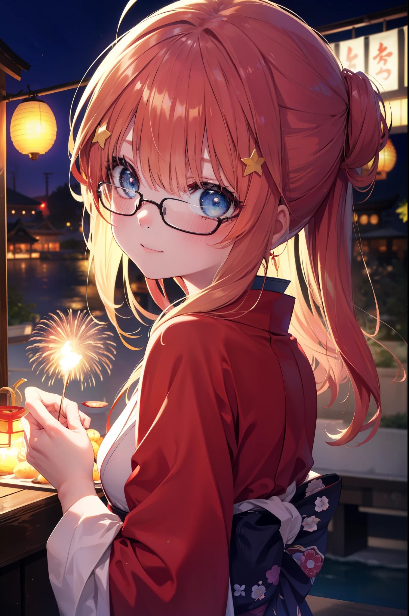 itsukinakano, itsuki nakano, bangs, blue eyes, hair between eyes, Ahoge, redhead, star \(symbol\), hair ornaments, star hair ornaments,Akabu&#39;s glasses,smile,blush,happy atmosphere,open your mouth,long hair,tie your hair back,red gorgeous kimono,night空の花火,fireworks,Zori sandals,japanese festival,summer festival stalls,red lantern,night,So that the whole body is included in the illustration, night
break outdoors, shrine,
break (masterpiece:1.2), highest quality, High resolution, unity 8k wallpaper, (shape:0.8), (fine and beautiful eyes:1.6), highly detailed face, perfect lighting, Very detailed CG, (perfect hands, perfect anatomy),