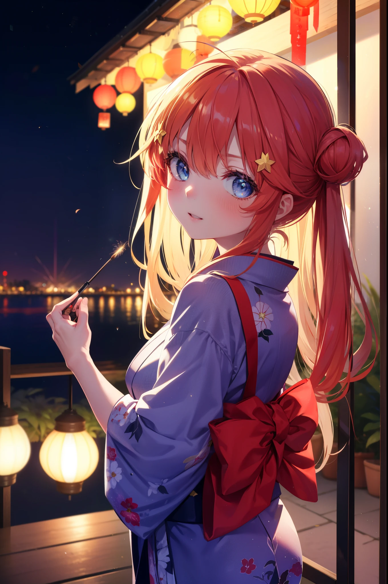 itsukinakano, itsuki nakano, bangs, blue eyes, hair between eyes, Ahoge, redhead, star \(symbol\), hair ornaments, star hair ornaments,Akabu&#39;s glasses,smile,blush,happy atmosphere,open your mouth,long hair,tie your hair back,red gorgeous kimono,night空の花火,fireworks,Zori sandals,japanese festival,summer festival stalls,red lantern,night,So that the whole body is included in the illustration, night
break outdoors, shrine,
break (masterpiece:1.2), highest quality, High resolution, unity 8k wallpaper, (shape:0.8), (fine and beautiful eyes:1.6), highly detailed face, perfect lighting, Very detailed CG, (perfect hands, perfect anatomy),