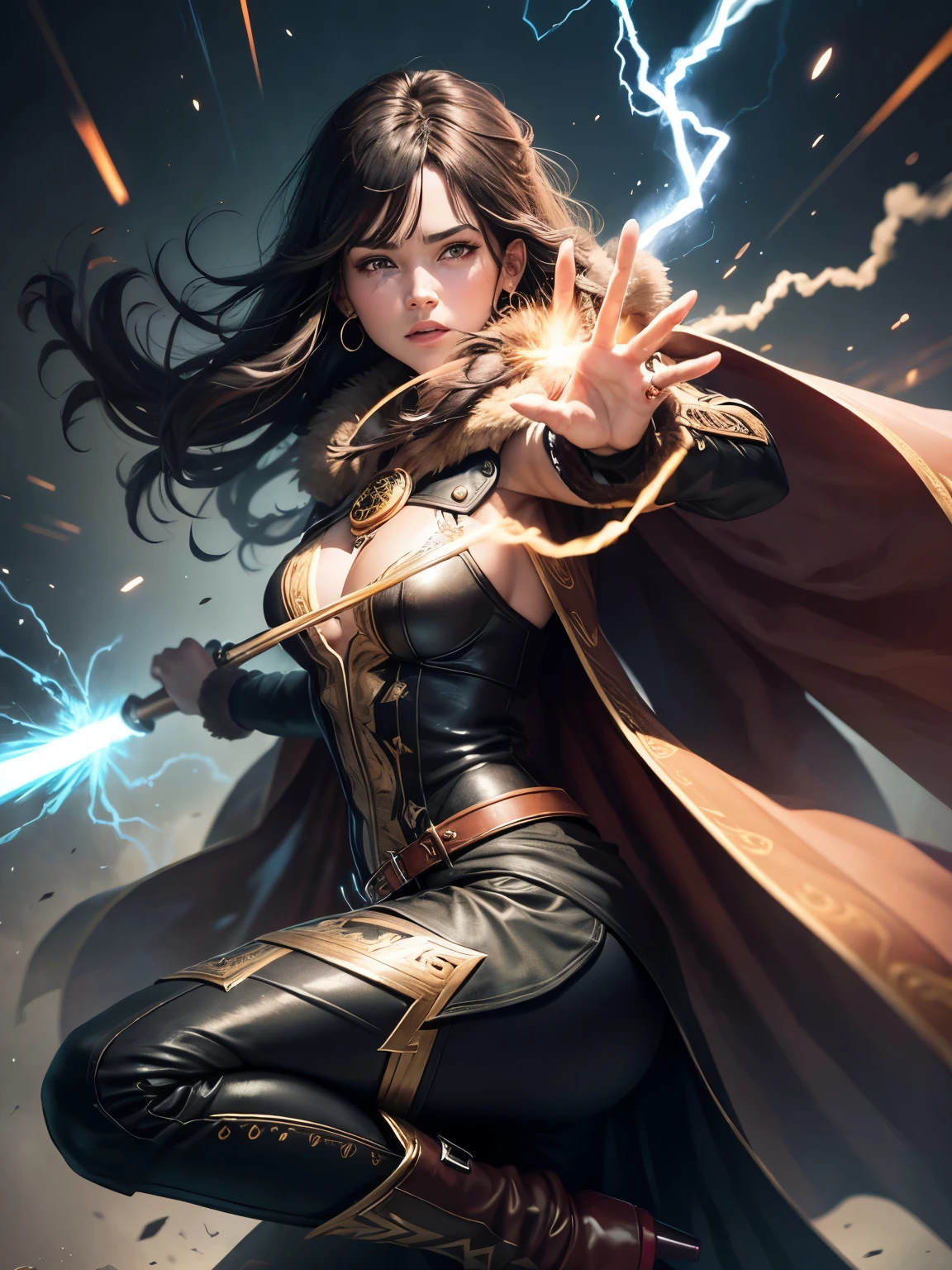 female wizard conjuring a magical lightning attack against the enemy, electric sparks hovering around her, female character, brown hair, wearing an animal skin coat, pompous cape, black cape, cold colors, green crystal earrings, a powerful wizard , calm countenance, brownish long pants, Eskimo boots, exploding energy everywhere, perfect hand, super detailed, eyes as black as onyx