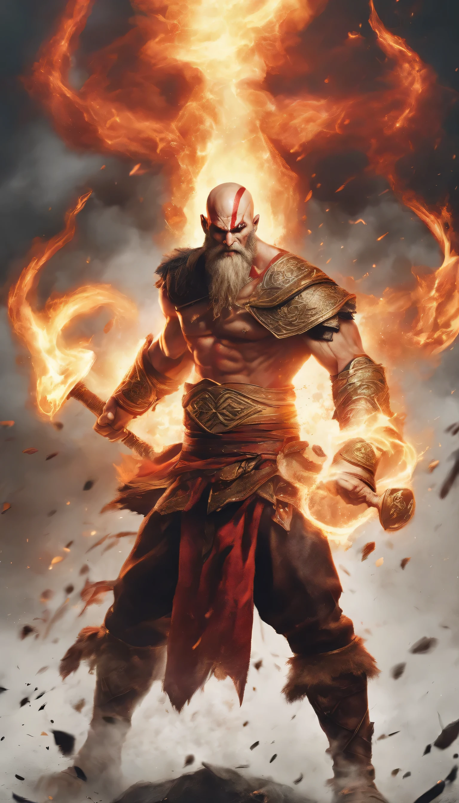 Kratos vs Homelander: Melhor qualidade, ultra-detalhado, realista, batalha intensa, muscular physique, corpo rasgado, powerful presence, determinate expression, olhos brilhantes, superheroic strength, Aura semelhante a Deus, fierce competition, energia explosiva, dynamic poses, detritos voadores, destroyed buildings, epic showdown, fire explosions, intense lighting, dramatic shadows, atmosfera escura e arenosa, superhero vs god, Clash of the Titans.