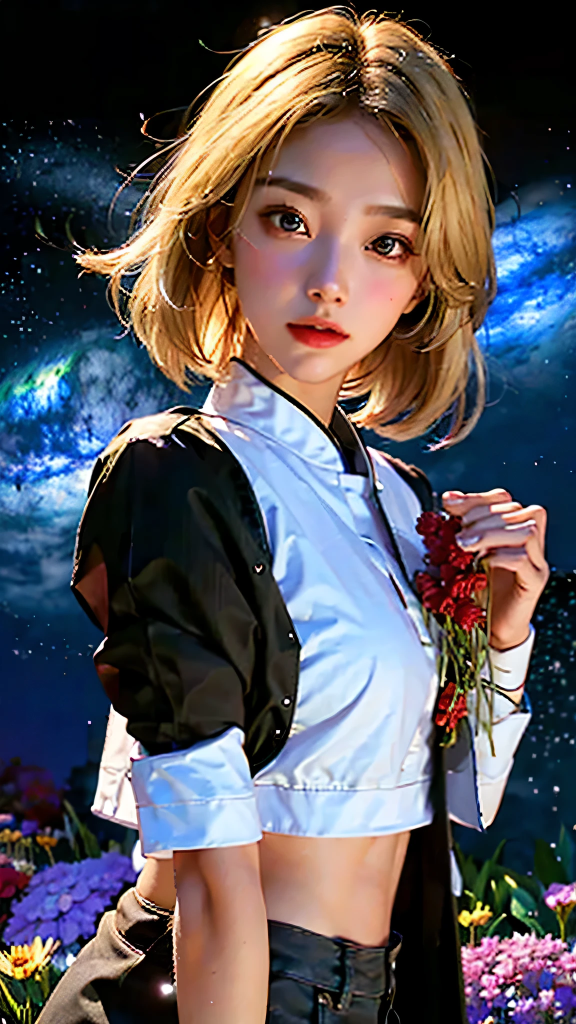 (Best quality, masterpiece), 1girl, pose, particles, wind, flower, upper body, simple background, looking at the audience, blonde, milky way, aesthetic