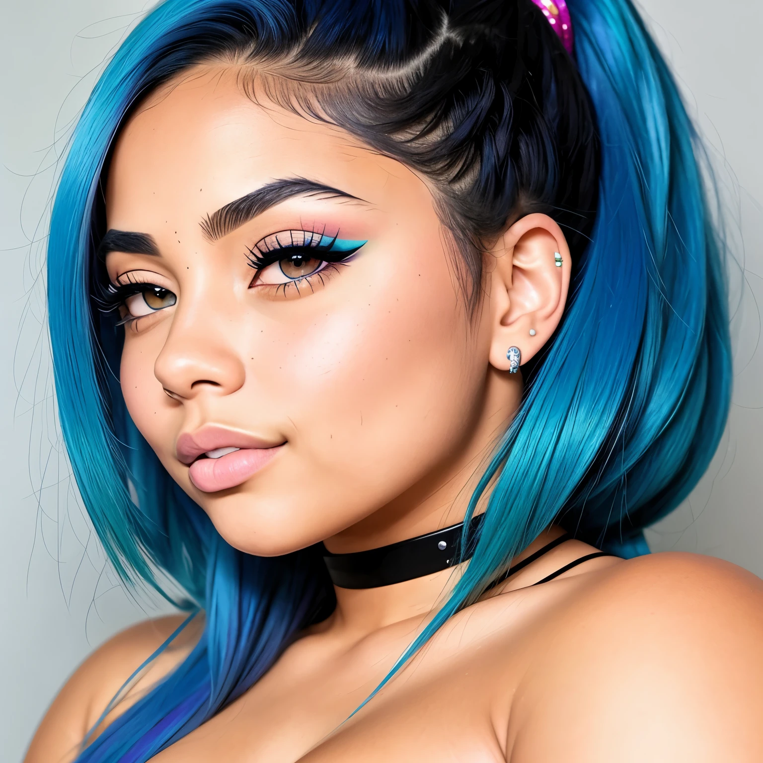 Thick Lauren London looking female with blue hair like bulma masterpiece, best quality, masterpiece, godlike quality, godlike art, highly detailed face, highly realistic, cute, young girl, smiling, big eyes, long eyelashes, multicolored hair, multicolored eyes, shiny skin, full lips, big lips, shiny skin, blushing, magnific