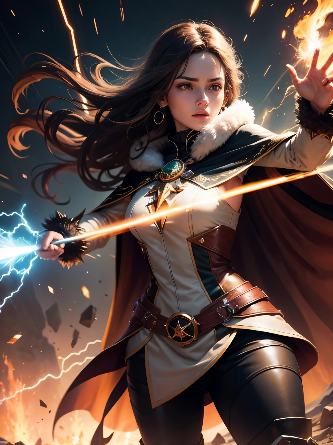 female wizard conjuring a magical lightning attack against the enemy, electric sparks hovering around her, female character, brown hair, wearing an animal skin coat, pompous cape, black cape, cold colors, green crystal earrings, a powerful wizard , calm countenance, brownish long pants, Eskimo boots, exploding energy everywhere, perfect hand, super detailed, eyes as black as onyx