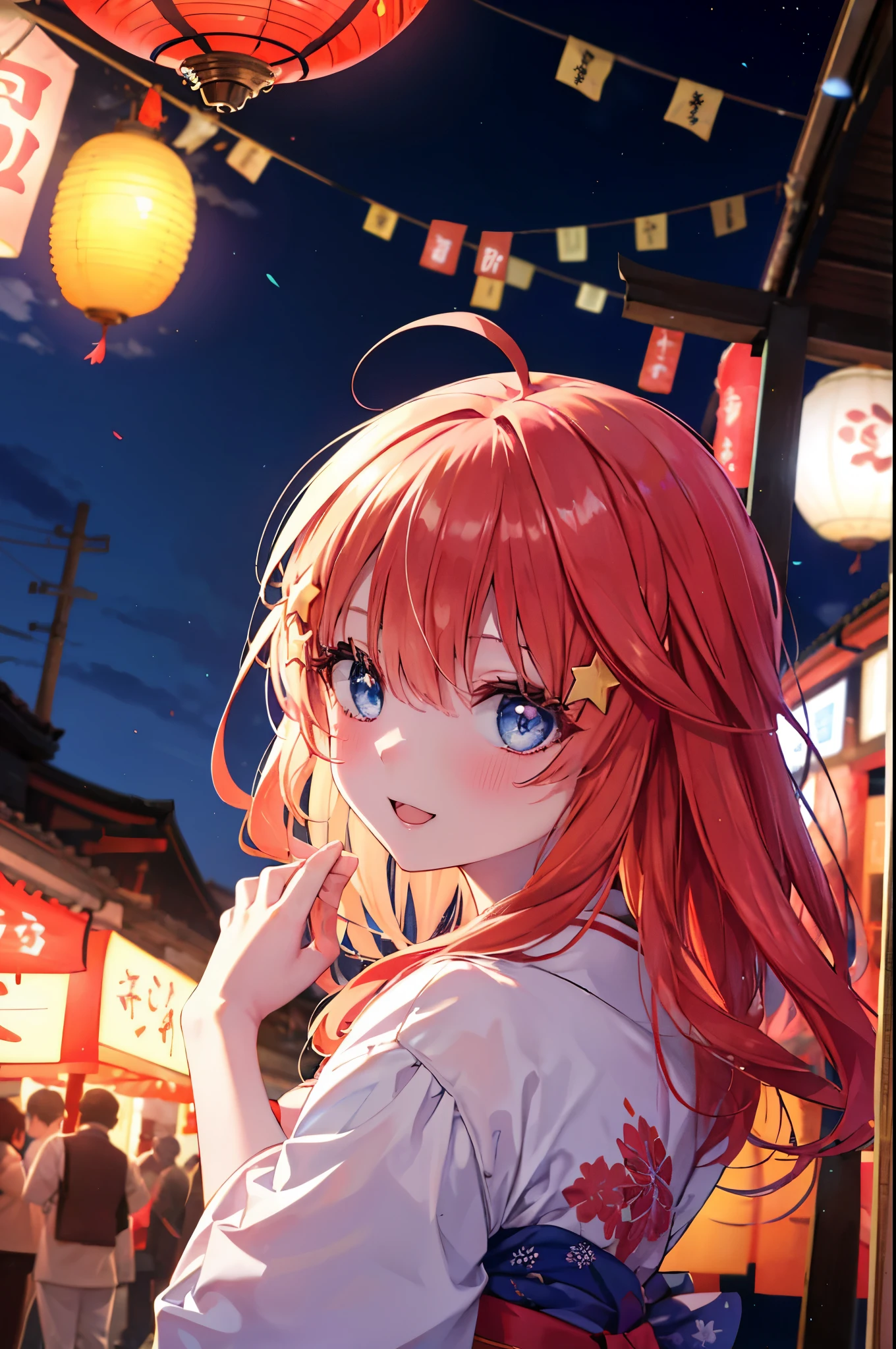 itsukinakano, itsuki nakano, bangs, blue eyes, hair between eyes, Ahoge, redhead, star \(symbol\), hair ornaments, star hair ornaments,Akabu&#39;s glasses,smile,blush,happy atmosphere,open your mouth,long hair,tie your hair back,red gorgeous kimono,night空の花火,fireworks,Zori sandals,japanese festival,summer festival stalls,red lantern,night,So that the whole body is included in the illustration, night
break outdoors, shrine,
break (masterpiece:1.2), highest quality, High resolution, unity 8k wallpaper, (shape:0.8), (fine and beautiful eyes:1.6), highly detailed face, perfect lighting, Very detailed CG, (perfect hands, perfect anatomy),