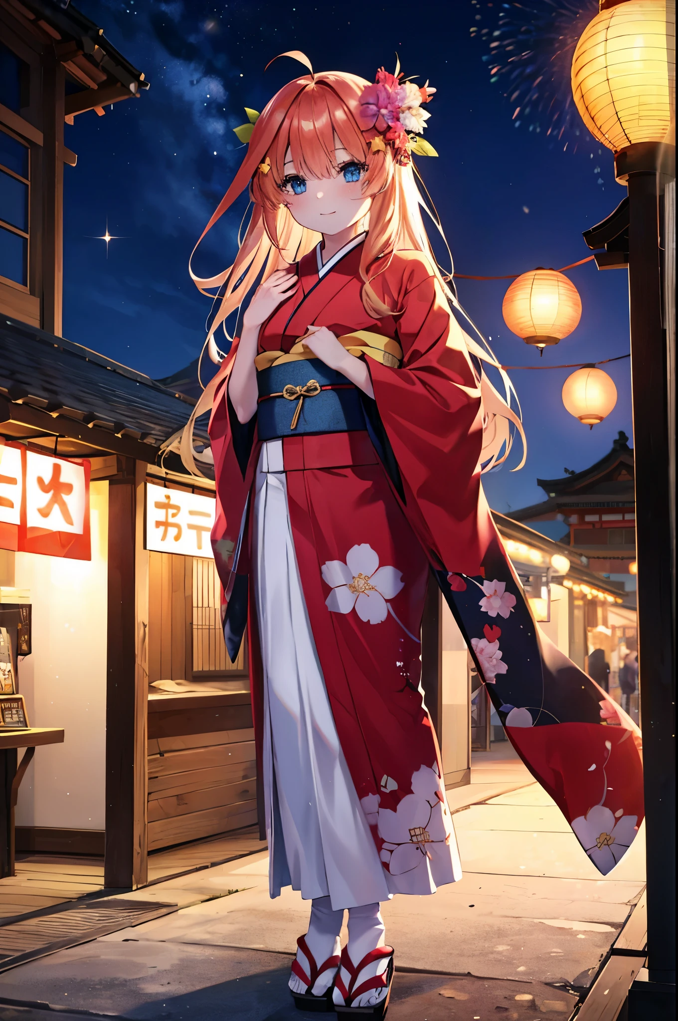 itsukinakano, itsuki nakano, bangs, blue eyes, hair between eyes, Ahoge, redhead, star \(symbol\), hair ornaments, star hair ornaments,Akabu's glasses,smile,blush,happy atmosphere,open your mouth,long hair,tie your hair back,red gorgeous kimono,night空の花火,fireworks,Zori sandals,japanese festival,summer festival stalls,red lantern,night,So that the whole body is included in the illustration, night
break outdoors, shrine,
break (masterpiece:1.2), highest quality, High resolution, unity 8k wallpaper, (shape:0.8), (fine and beautiful eyes:1.6), highly detailed face, perfect lighting, Very detailed CG, (perfect hands, perfect anatomy),