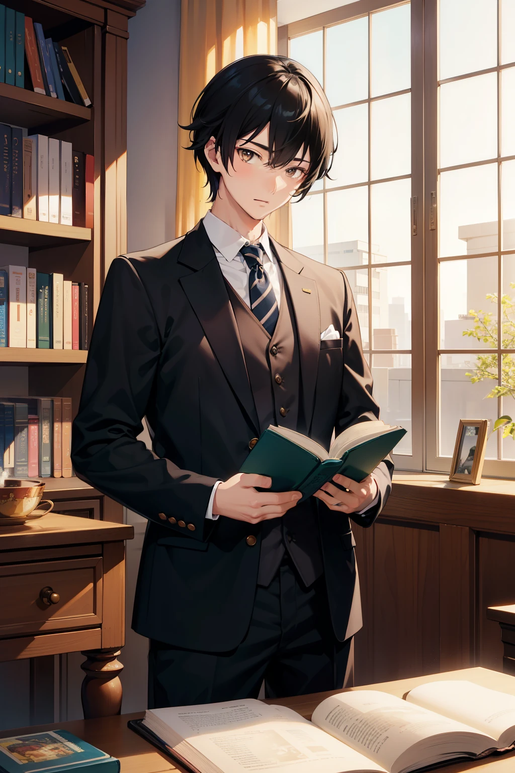 Adorable Japanese high school boy, slender build, short, spiky black hair, captivating brown eyes, confident demeanor,holding a large open book in hand, standing before a cute, sitting girl, long, wavy chestnut brown hair, focused intently on her own book, both expressing a deep love for knowledge, ultra-detailed, realistic, 4K rendering, soft morning sunlight filtering in, clean lines, vibrant colors, HDR effect, sharp focus on their faces and books, professional composition.