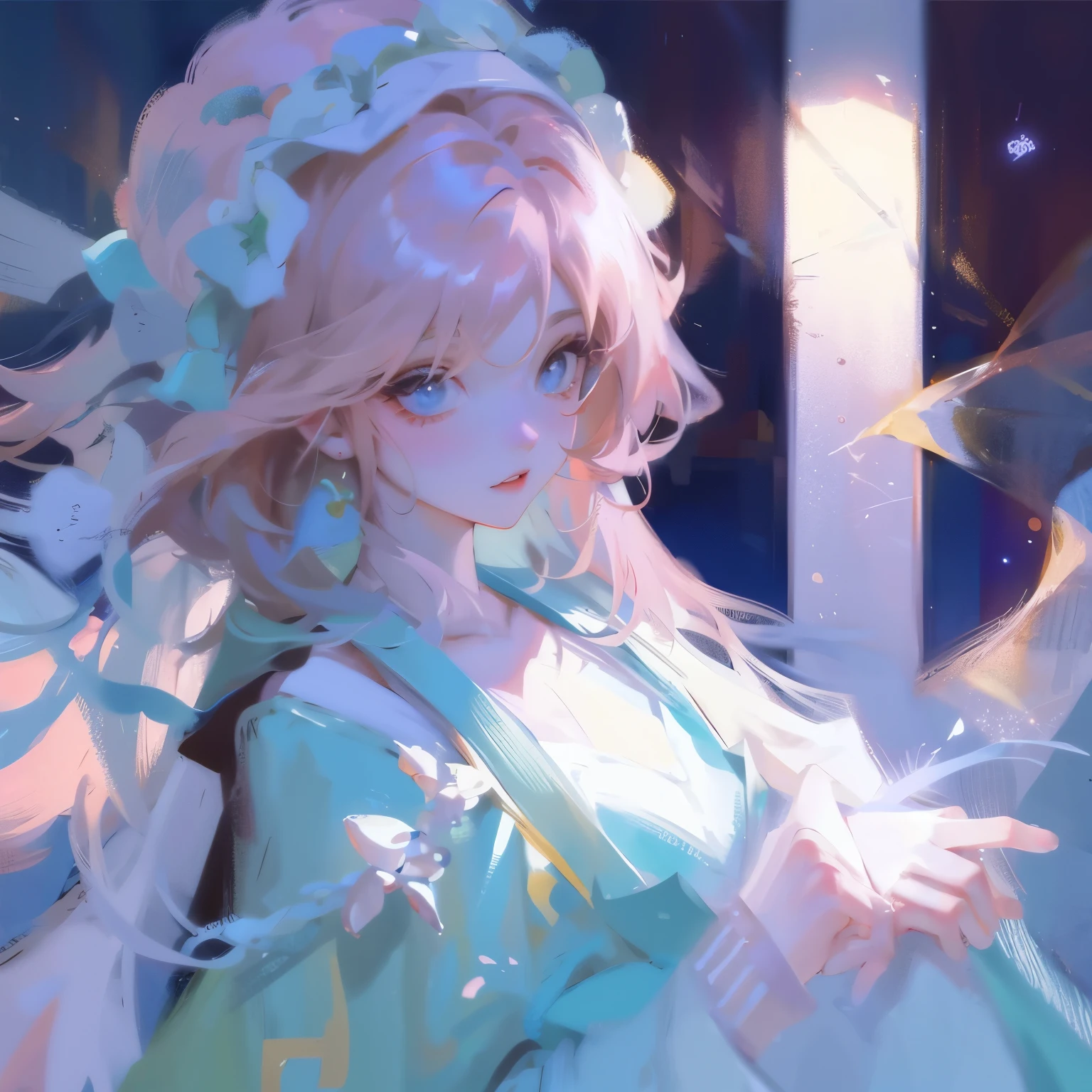 1 girl,flower, Platycodon ,Light pink and light blue style, 