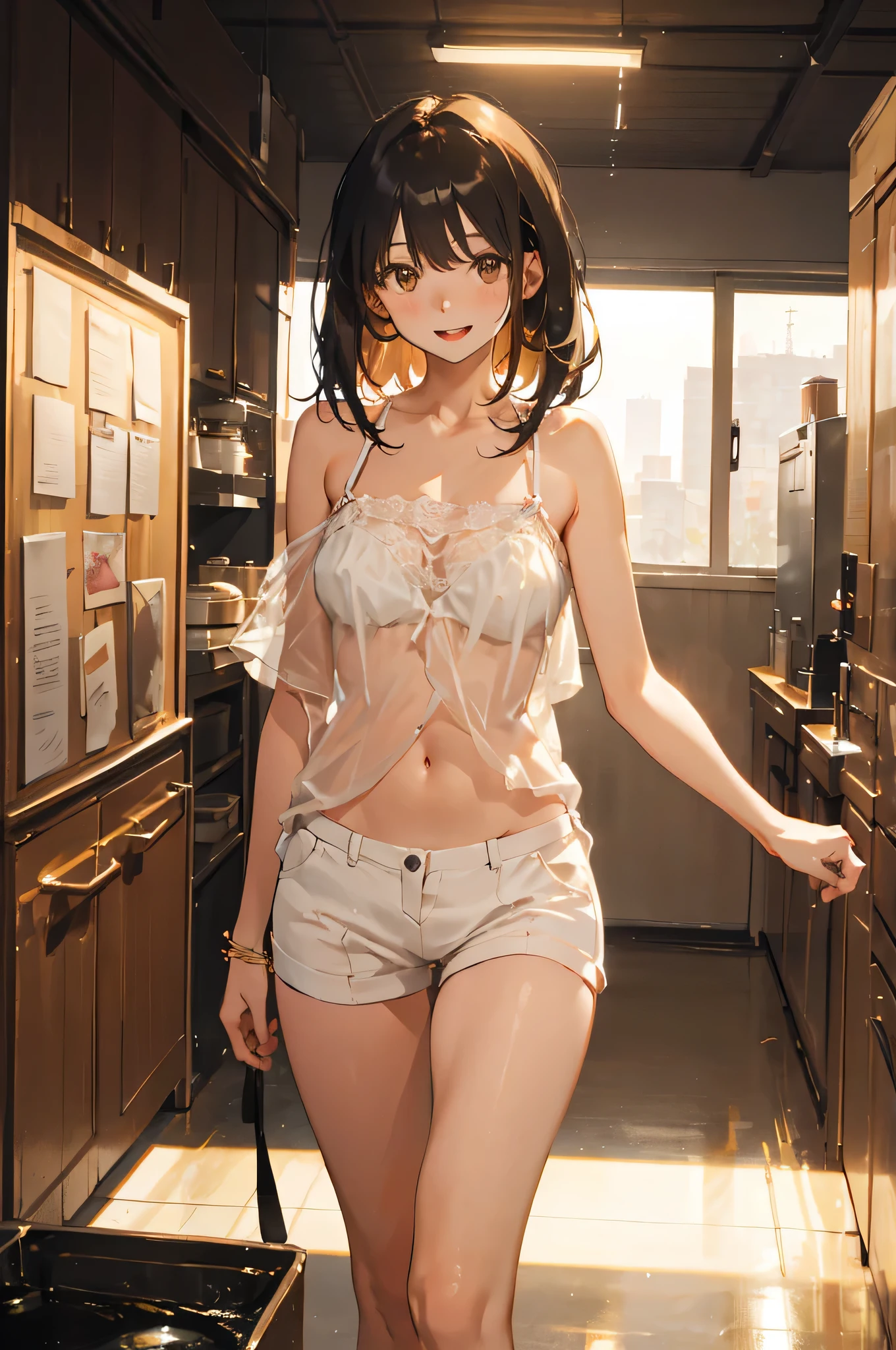 masterpiece, highest quality, (attractive woman), 28 years old, medium length hair, straight hair, bangs, model, big breasts, brown eyes, Happy, (protruding pubic hair), camisole, Mini Thongs, indoor