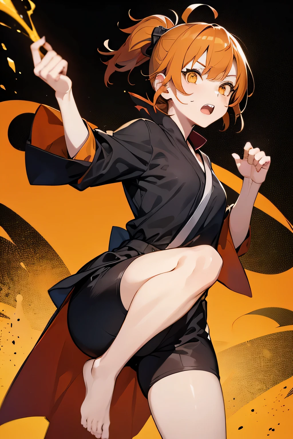 A girl wearing a Jujutsu Kaisen style costume、1 person、Ghost、Shibuya Ward。orange brown hair、yellow eyes、short hair、luster、luster、Aggressive、no loss、double teeth、joy、Fight、lively look、Honey Core、Hozuki drawing background、cool pose、raise your arms、Kicking with your feet