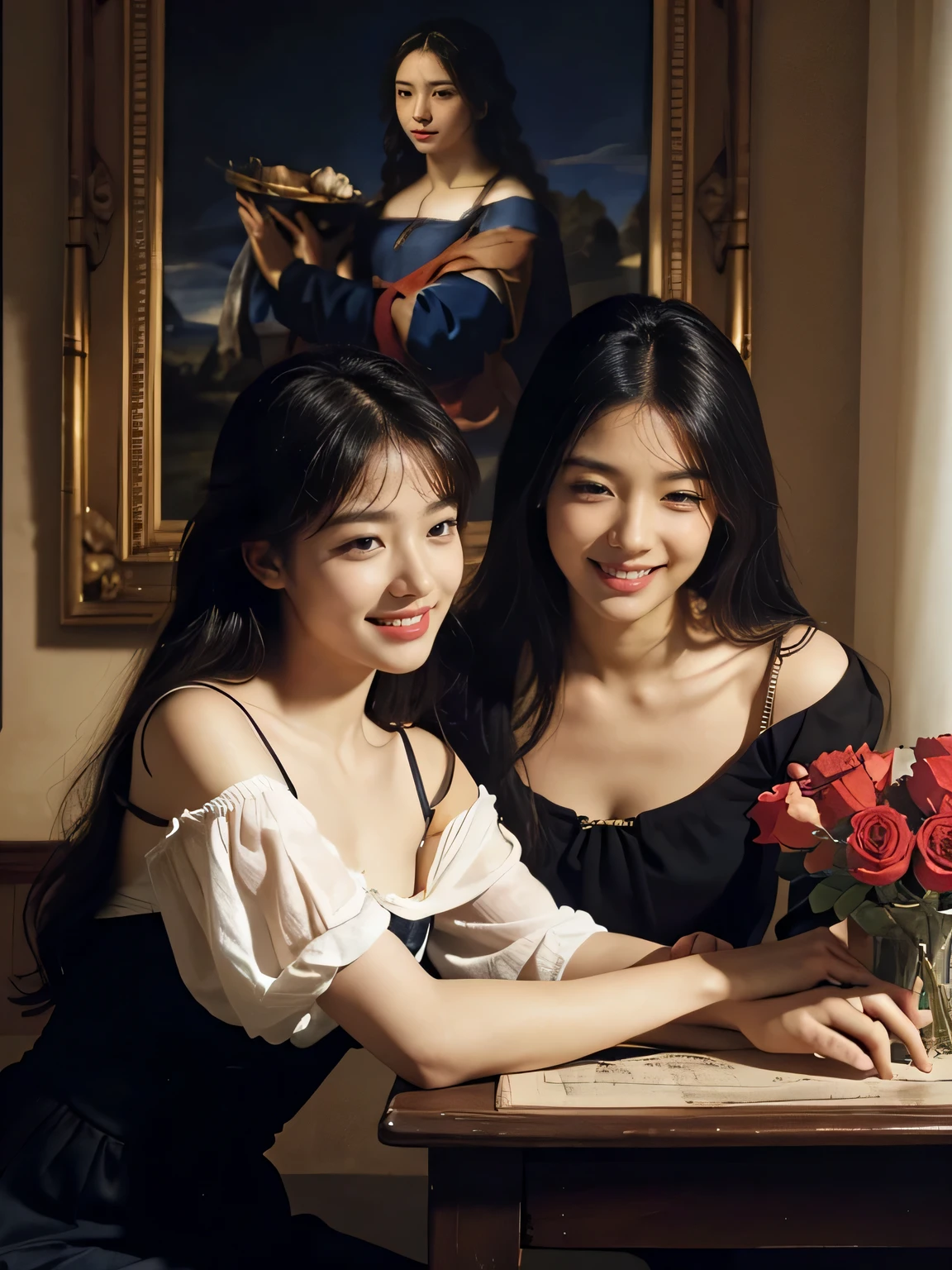 Giorgione painting style,Arguments of two female Philosophe,math、astronomical machine、astronaut、roses in vase、fruits、Cute trinkets、smile、ancient greek costume、Ancient Roman landscape in the style of Nicolas Poussin,laughter,,Sweet and seductive appearance.、Caravaggio's paintings、Chiaroscuro of Caravaggio、hair tousled by the wind,Two women frolicking,cute smile, expression of ecstasy,Sexy,erotic