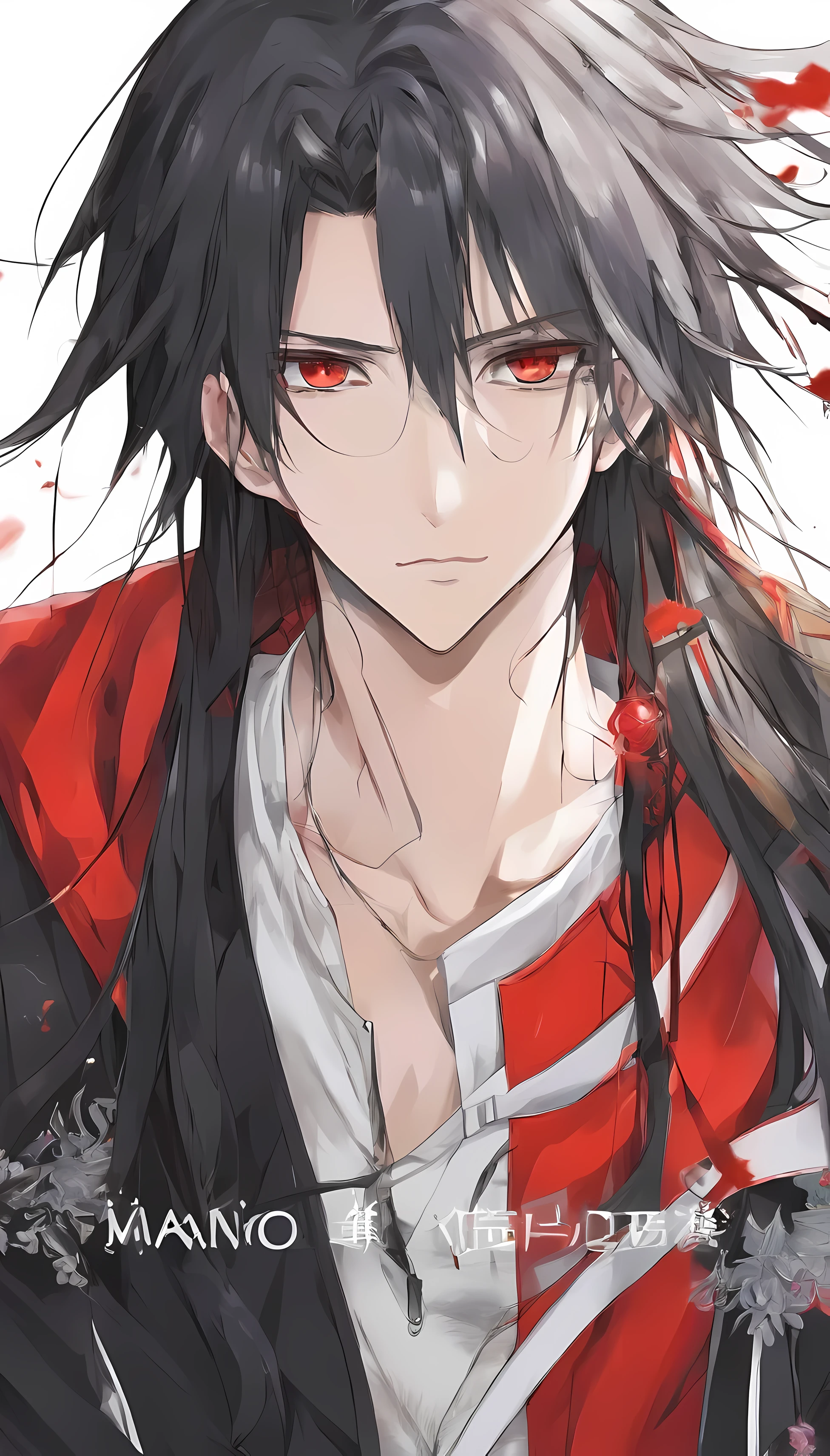 youth、long black hair、red eyes、good looking、intellectual、prince style、anime character、An illustration、High resolution、expensive、cold、fascinating youth、charismatic atmosphere、成熟したyouth