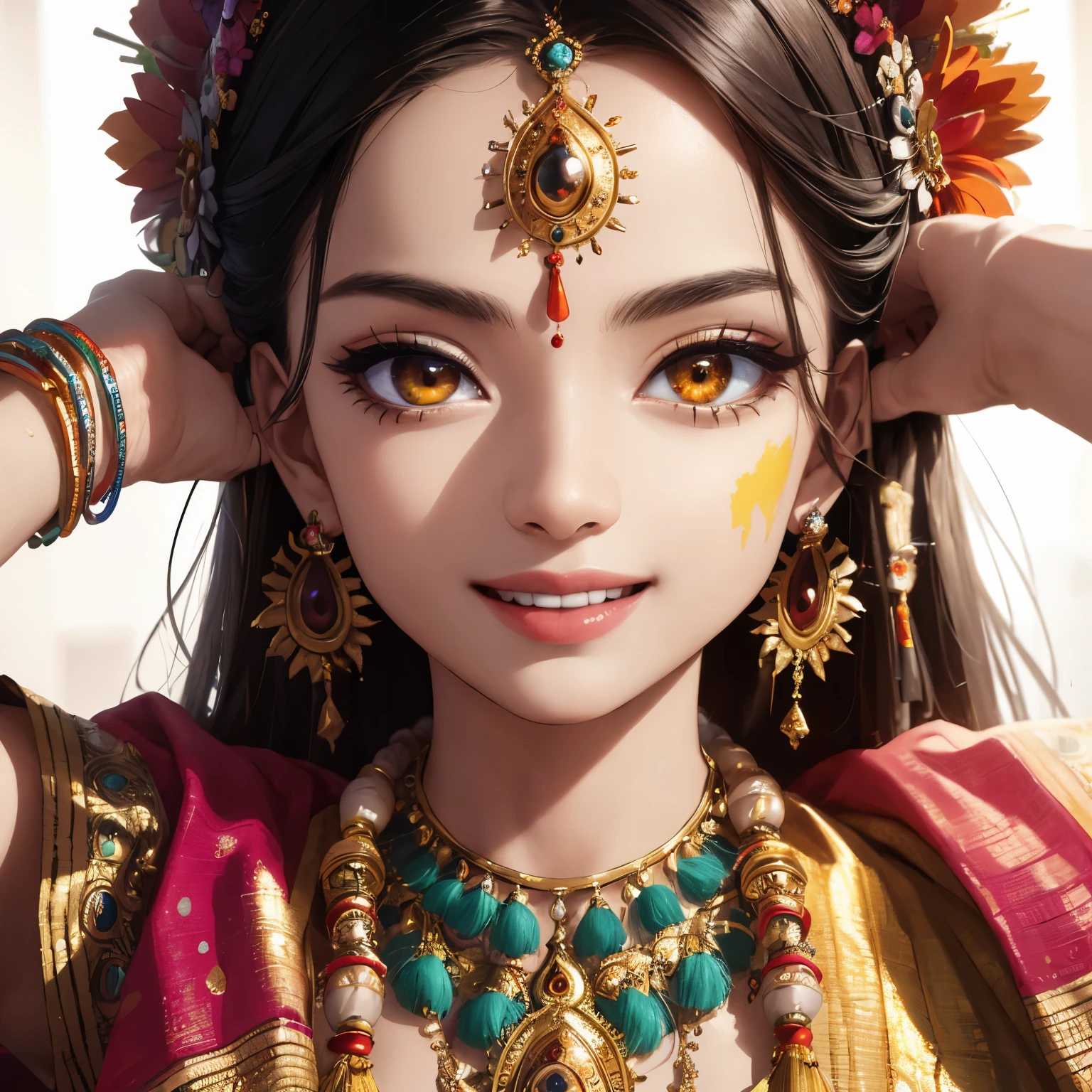 (Masterpiece: 1.3), (Max resolution: 1.2), (Ultra HDTV: 1.2), cinematographic light, 8K resolution, Detailed facial features, intricately designed traditional Indian attires, (Sharp Focus: 1.2), (Focus on Faces: 1.2), Radha with a captivating face, flawless skin, and Krishna with his mischievous grin, Highly detailed facial textures and clothing, rosy cheeks, radiant chains of flowers in their hair, Laughing and playful expressions, hands covered in colored powders, Holi festival atmosphere, vivid colors smeared on their faces