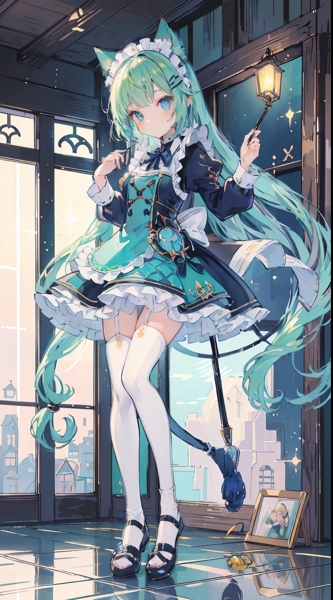 ((table top, highest quality: 1.1), ((Anime girl in a blue dress with a magic wand)), art nouveau、Anime cat girl wearing a maid costume, , ((Green hairs))、long haired person、((Eyes that shine like jewels, long eyelashes, and a sense of transparency))、Very Beautiful Anime cat girl, アニメcat girl, ((white knee highs)), 魅力的なcat girl, I&#39;m at the candy store,Inspired by Leiko Ikemura, Aya Takano color style, in ryuuou no oshigoto art style, cat girl, Character you admire, rei hiroe、Smiling