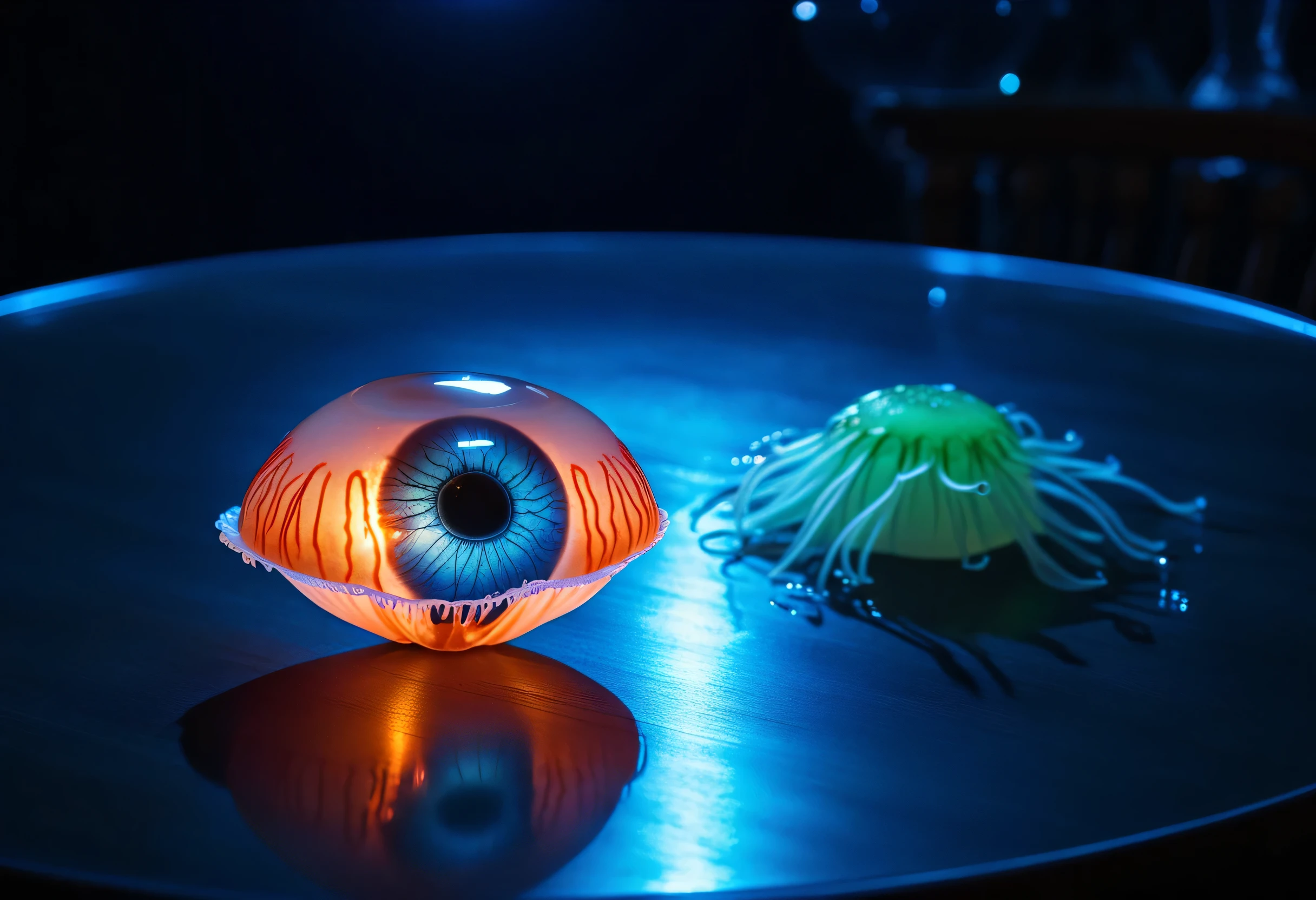 there is a jelly like object with a gold eye on it, a surrealist sculpture inspired by Guillermo del Toro, trending on cgsociety, surrealism, cyberpunk jellyfish, pov camera looking into the maw, lovecraftian sea creature, portrait of a mystical giant eye, giant eyeball, eyeball, big eye, eyes growing on creature, jellyfish phoenix head