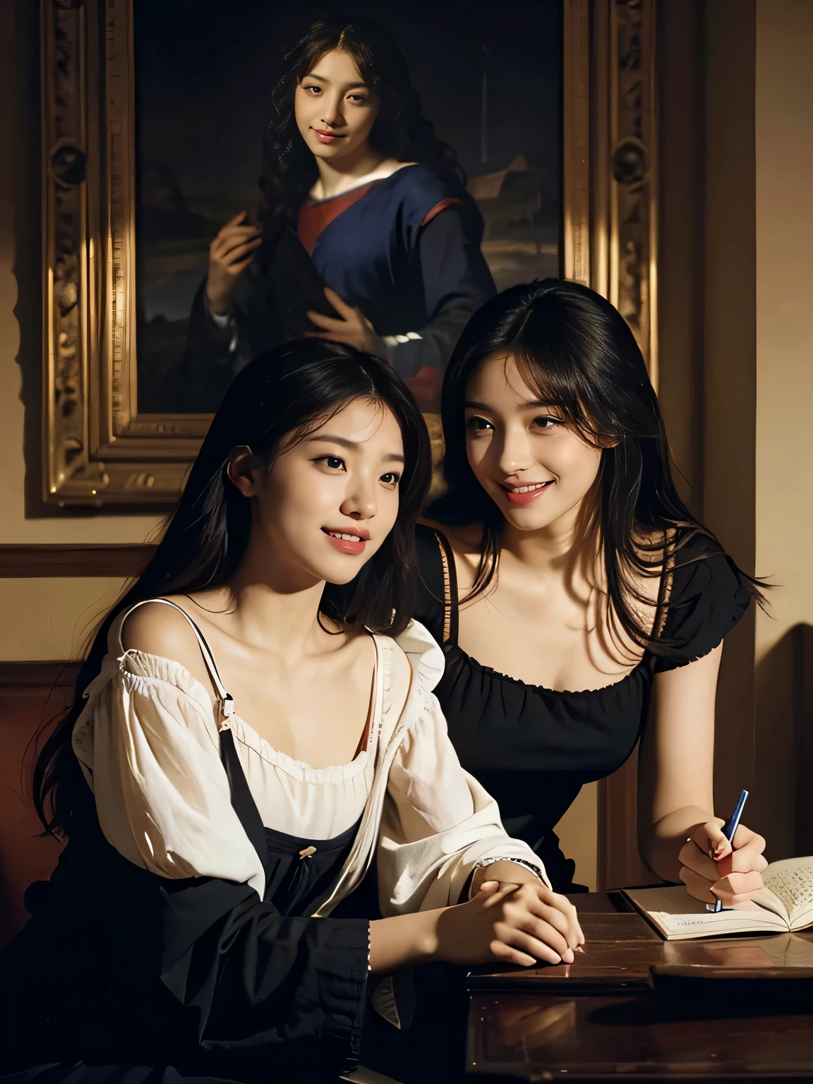Giorgione painting style,Arguments of two female Philosophe,math、astronomical machine、astronaut、roses in vase、fruits、Cute trinkets、smile、ancient greek costume、Ancient Roman landscape in the style of Nicolas Poussin,laughter,,Sweet and seductive appearance.、Caravaggio's paintings、Chiaroscuro of Caravaggio、hair tousled by the wind,Two women frolicking,cute smile, expression of ecstasy,Sexy,erotic