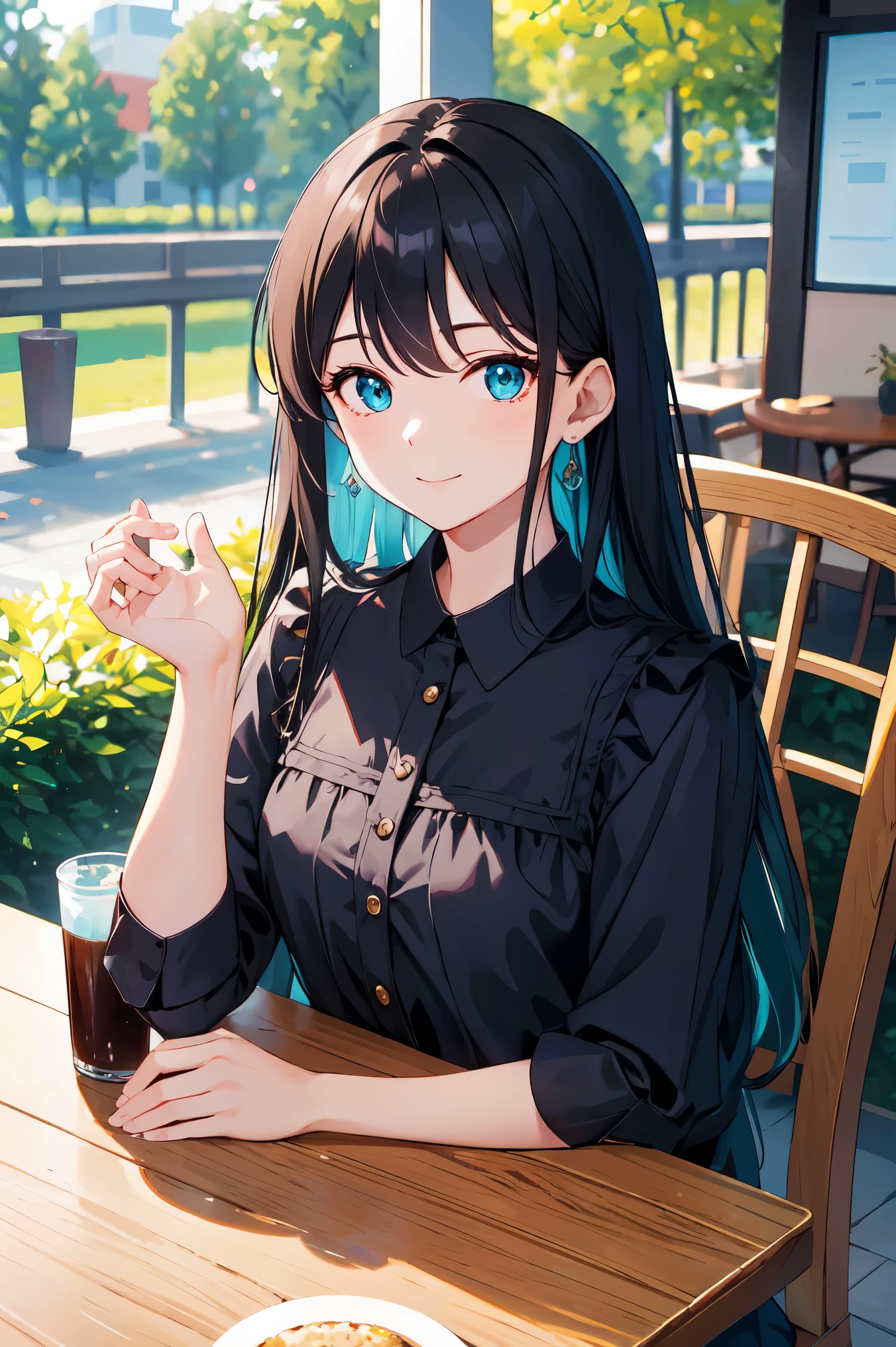(Hoang Lap,High resolution,hyper detail,nffsw),master piece,best quality,1 girl ,good looking,long black hair,detailed face,black haired、blouse with ruffles、cafe terrace,date、denim、dimple、,brilliant shine、Self snap,light smile,(teal eye)