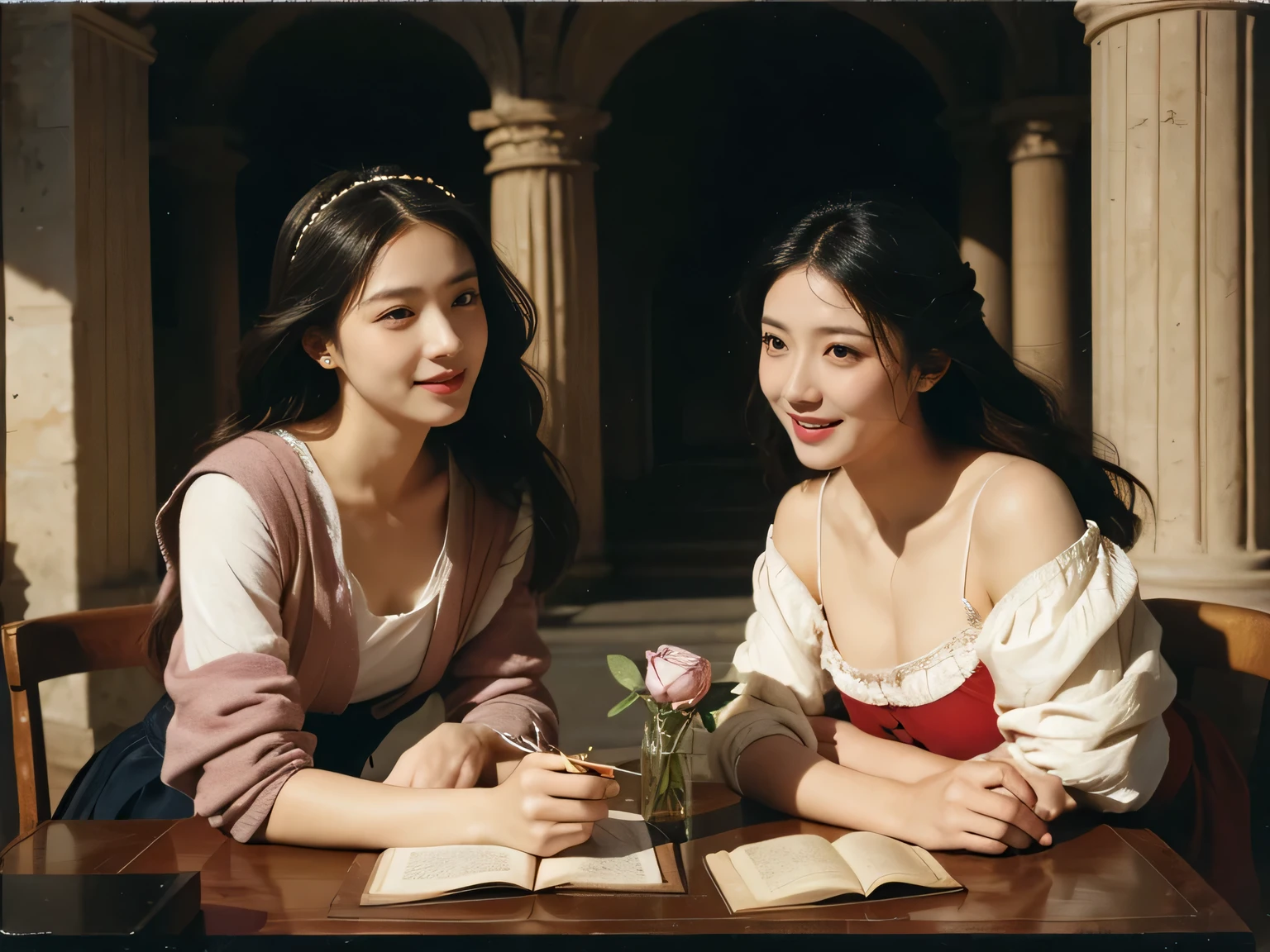 Giorgione painting style,Arguments of two female Philosophe,math、astronomical machine、astronaut、roses in vase、fruits、Cute trinkets、smile、ancient greek costume、Ancient Roman landscape in the style of Nicolas Poussin,laughter,,Sweet and seductive appearance.、Caravaggio's paintings、Chiaroscuro of Caravaggio、hair tousled by the wind,Two women frolicking,cute smile, expression of ecstasy,Sexy,erotic