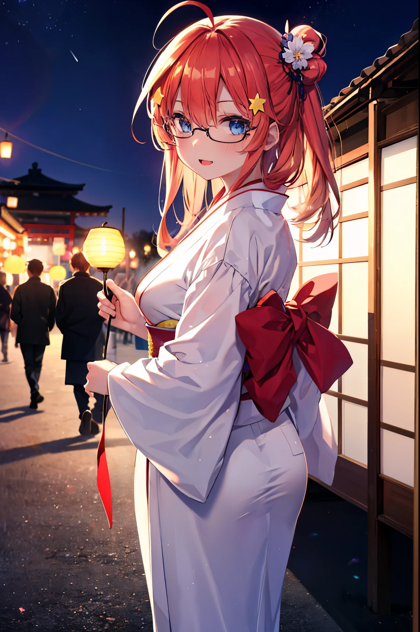 itsukinakano, itsuki nakano, bangs, blue eyes, hair between eyes, Ahoge, redhead, star \(symbol\), hair ornaments, star hair ornaments,Akabu's glasses,smile,blush,happy atmosphere,open your mouth,long hair,tie your hair back,red gorgeous kimono,night空の花火,fireworks,Zori sandals,japanese festival,summer festival stalls,red lantern,night,So that the whole body is included in the illustration, night
break outdoors, shrine,
break (masterpiece:1.2), highest quality, High resolution, unity 8k wallpaper, (shape:0.8), (fine and beautiful eyes:1.6), highly detailed face, perfect lighting, Very detailed CG, (perfect hands, perfect anatomy),