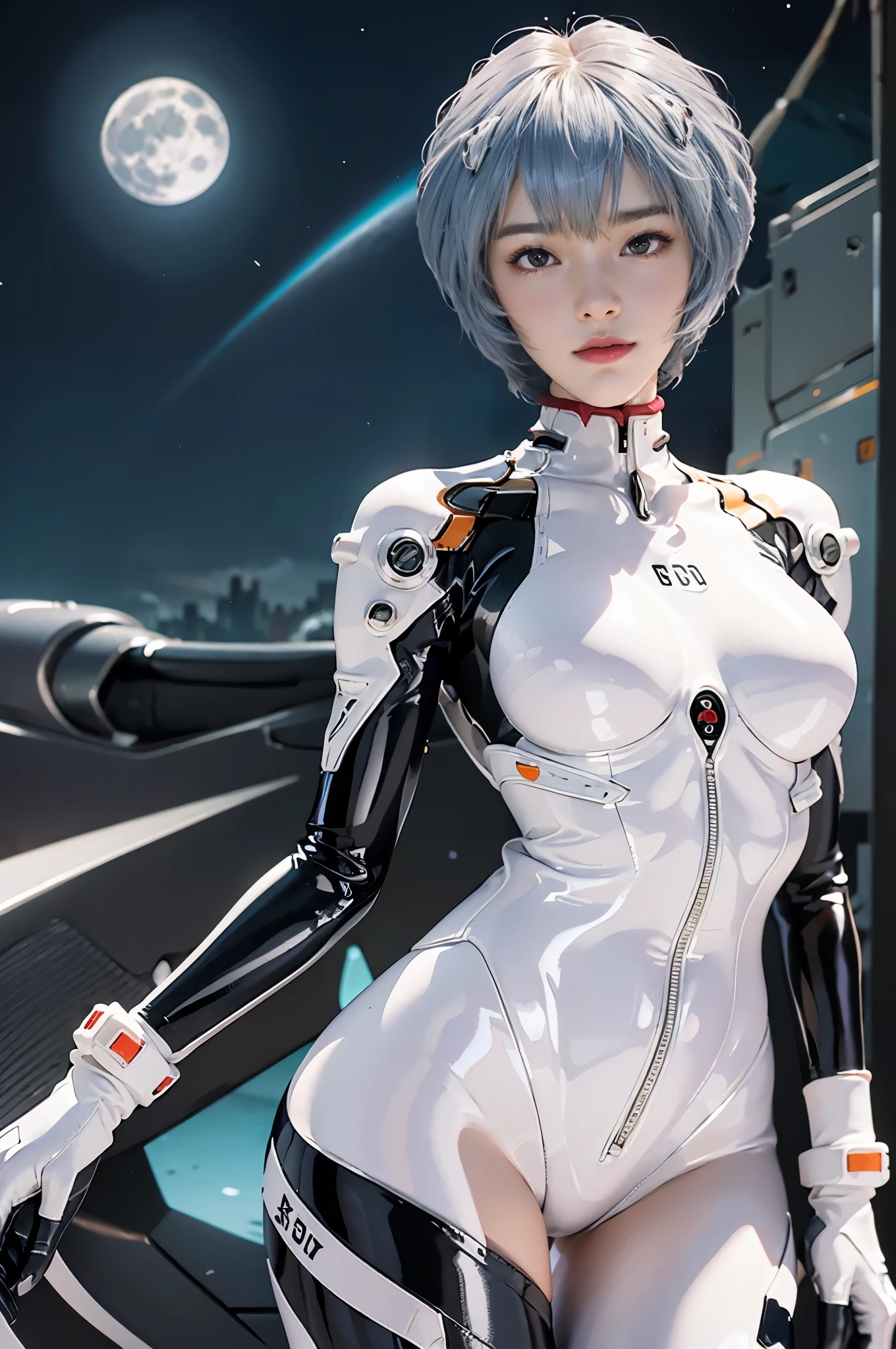 Masterpiece,NSFW,((Whole body:1.1))))), (Realistic),Photographs, Best Quality, 1 female,(tall)),Ear fold,(((Rei Ayanami, Plug Suit 00)))), ((((Red Eyes,Beautiful Face, Beautiful Eyes))), (Cute Face)), Wet Eyes, Face,Detail Face, Detail Lips, Detail Eyes, (Long Eyelashes), Double Eyelids, (Seductive Smile), ( (gentle look, fleeting expression)),(rubber suit with strong luster and smooth surface), ((((Sexy tight shiny rubber suit)))), (thick black line)))), from below, (upright), (camelt), (smooth body line)), pale short hair, ((pale and thin eyebrows)), beautiful hair, (large round chest), small logo pattern on the chest is zero, mechanical suit, Slender long waist, white skin, (turn around pose), ((night sky, spaceship)), (face and eye details: 1.1), loneliness, blush, (shy)), very delicate and beautiful girl, small logo pattern on the chest is zero, standing, (((legs closed pose)), (to8 contrast style), small egg-shaped psychosensory device on both sides of the head
