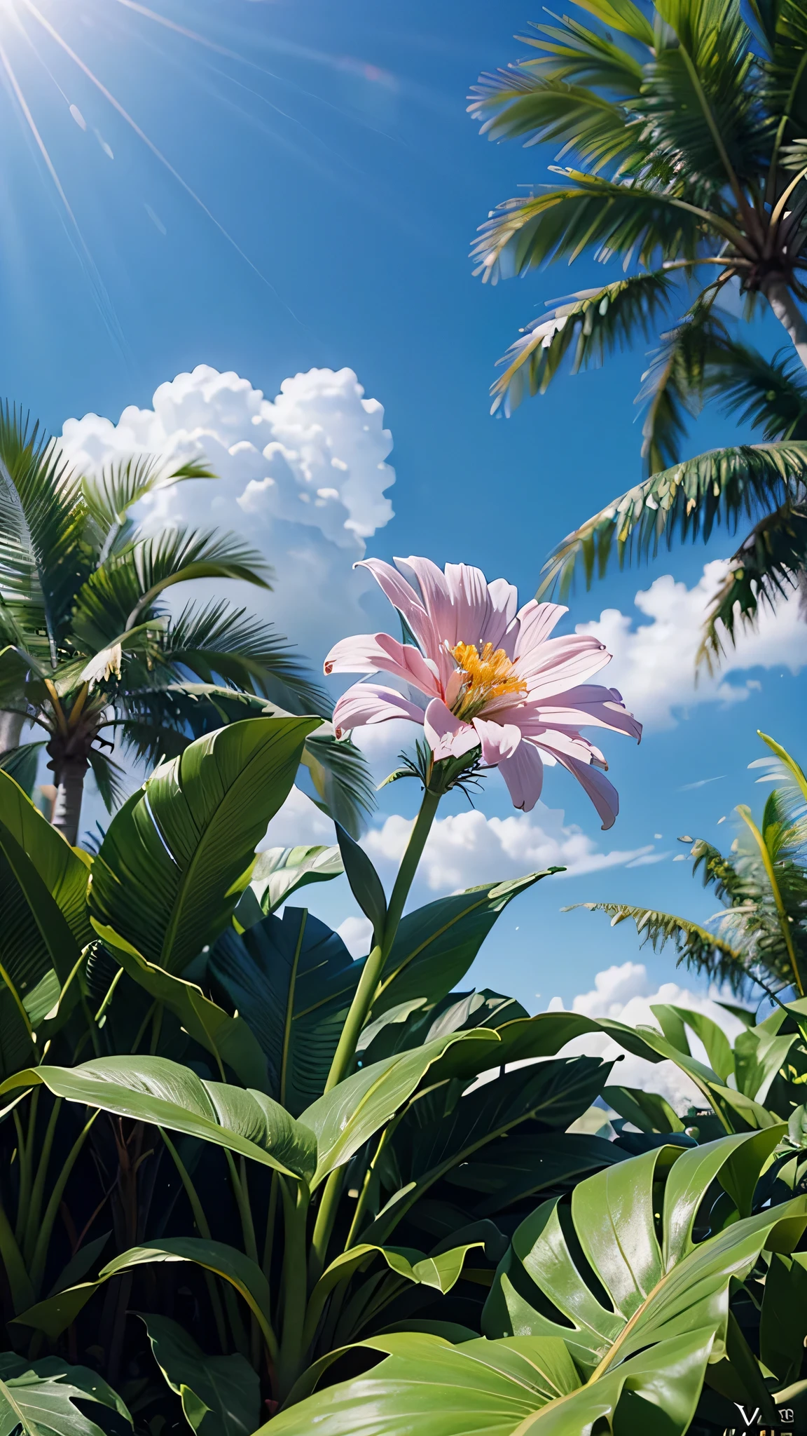 Ultra realistic scene, parallel world, tropical otherworldly plant as , cult, tropical flowers, unusual art, unique art, summer blue sky background, sunlight, bright sunlight, blender, product rendering, HD 8K. --v6