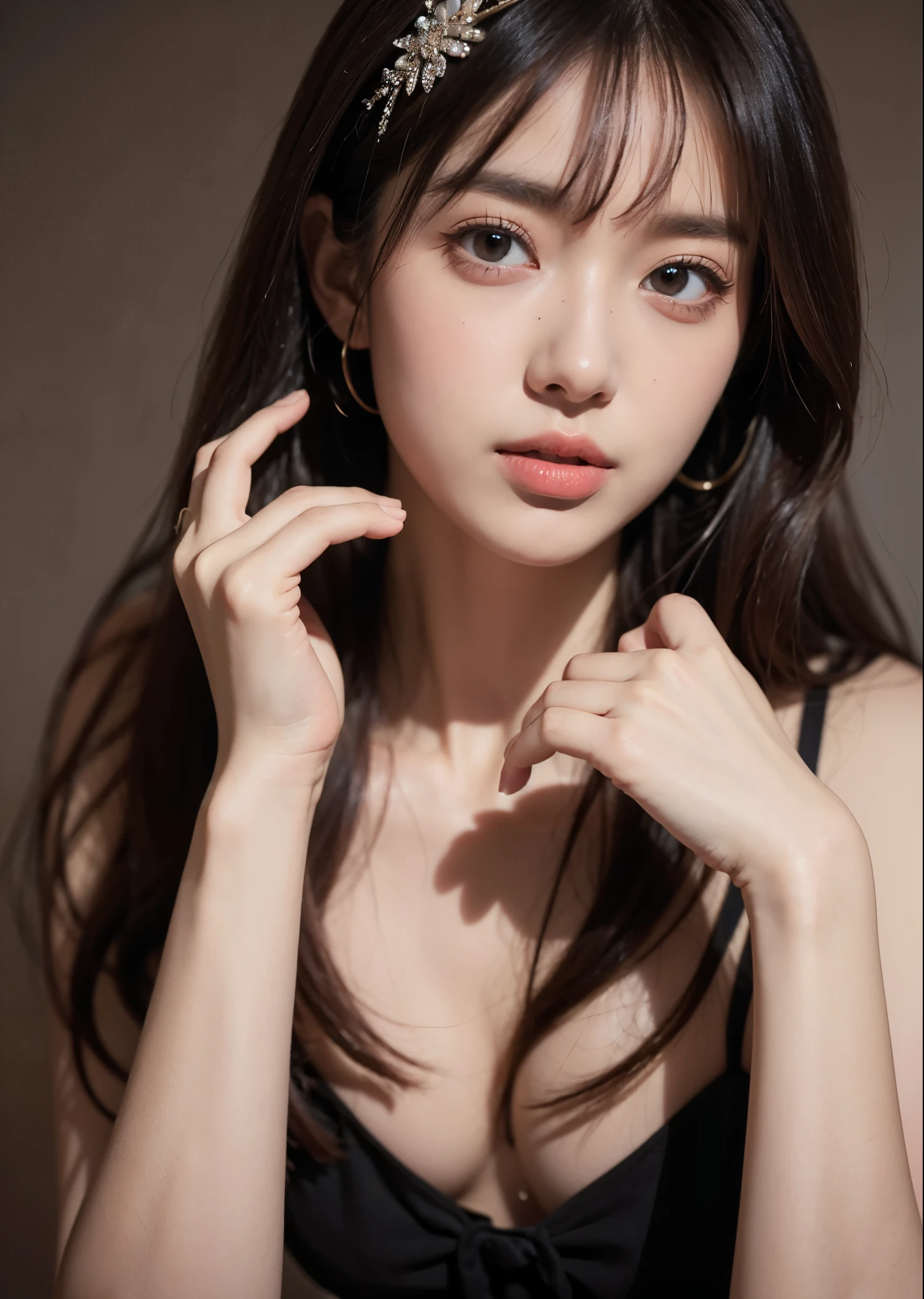 Psychedelic world、ta fashion、1 cute girl、Big eyes、small breasts、brown hair、bangs、colorful gel background、Fractal background、perfect lighting、sharp focus、High resolution、High resolution、High color rendering、High resolution、Super realistic、photo-realistic