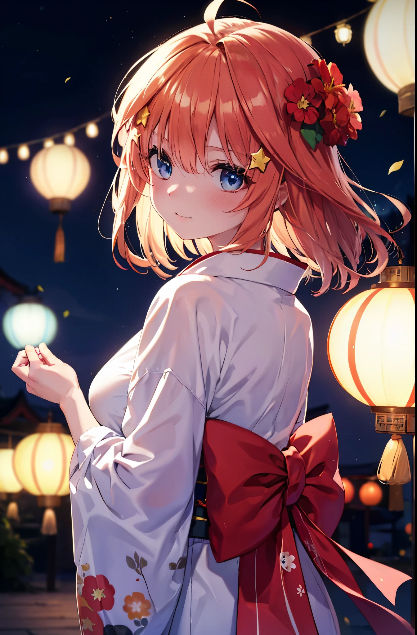 itsukinakano, itsuki nakano, bangs, blue eyes, hair between eyes, Ahoge, redhead, star \(symbol\), hair ornaments, star hair ornaments,Akabu&#39;s glasses,smile,blush,happy atmosphere,open your mouth,long hair,tie your hair back,red gorgeous kimono,night空の花火,fireworks,Zori sandals,japanese festival,summer festival stalls,red lantern,night,So that the whole body is included in the illustration, night
break outdoors, shrine,
break (masterpiece:1.2), highest quality, High resolution, unity 8k wallpaper, (shape:0.8), (fine and beautiful eyes:1.6), highly detailed face, perfect lighting, Very detailed CG, (perfect hands, perfect anatomy),