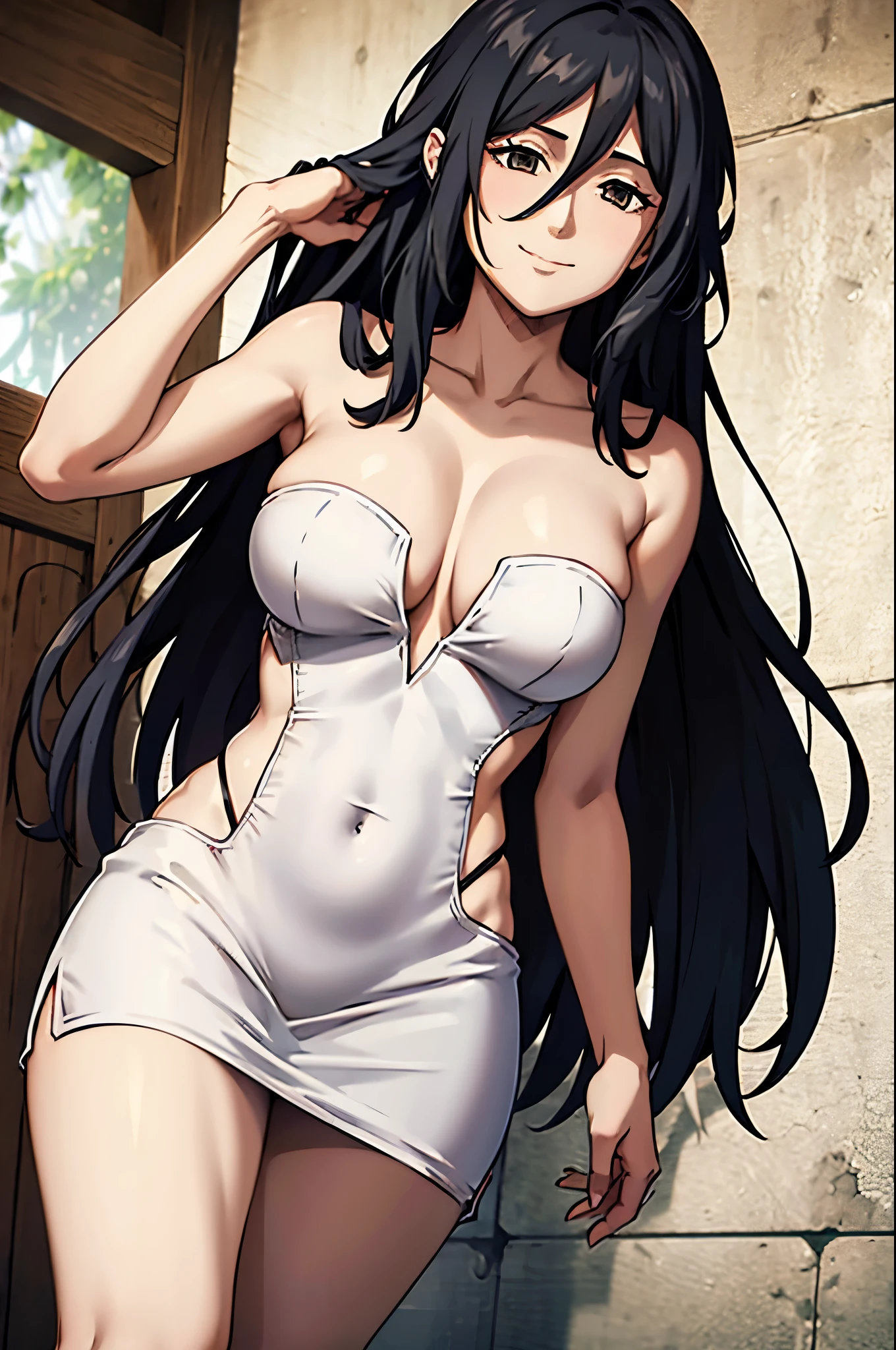 1girl,long hair,strapless shorttubedress,seductive smile,,big breasts,absurdly long hair