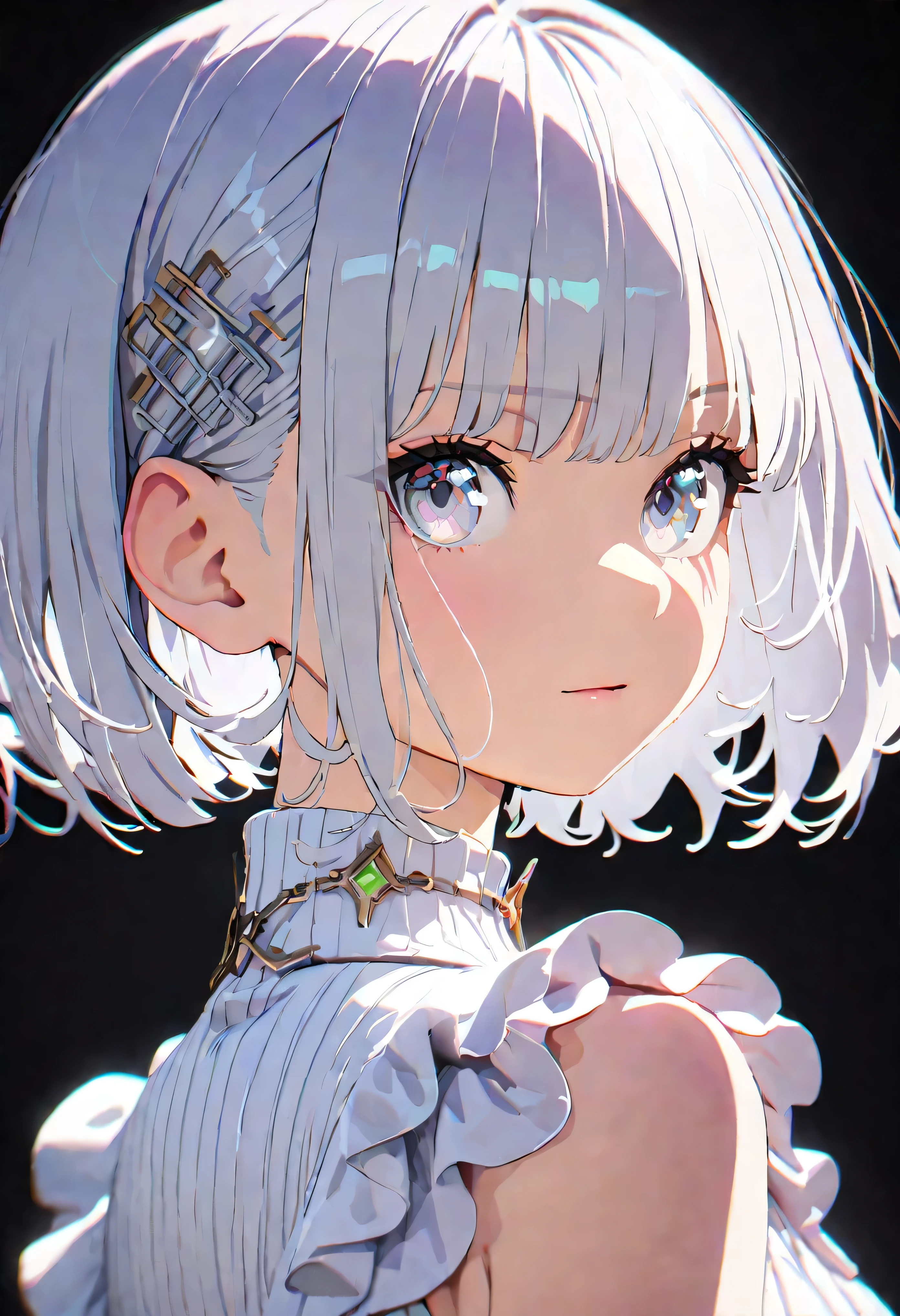 highest quality,perfect masterpiece,perfect artwork,Official work,8K,, (upper body portrait:1.3),((seen from the side:1.5)),close up lens,delicate face,, 17 years old,white hair girl,(hakuhatsu:1.5),Short and medium hair,((Clear whites of the eyes:1.5)),(white dress:1.2),(transparent clothes:1.2),(black background:1.3),, hallucination of pearls,cyber punk,fashion trends,3s material,High resolution,Detailed performance,c4d,3D,octane rendering,ray tracing,intricate details,animation lighting,OCrenderer,