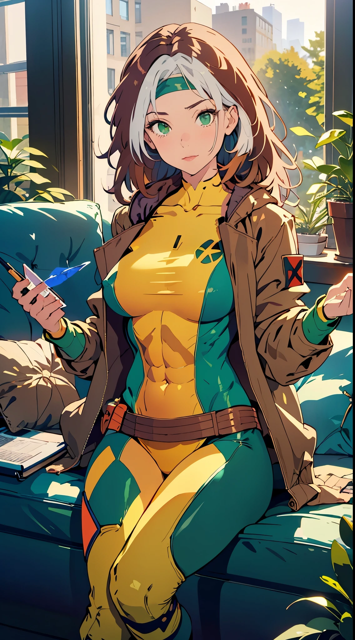 (masterpiece, best quality:1.2), classicrogue, 1girl, solo, long hair, breasts, smile, large breasts, brown hair, green eyes, jacket, big hair, white hair, multicolored hair, parted lips, open clothes, belt, two-tone hair, open jacket, lips, bodysuit, covered navel, makeup, muscular, headband, abs, skin tight, multicolored clothes, muscular female, dyed bangs, multicolored bodysuit, green bodysuit, yellow bodysuit, butterfly, bug, window, sitting, indoors, plant, book, laptop, computer, couch, looking at viewer, closed mouth, blurry, blue butterfly, potted plant, building, expressionless, depth of field, book stack, day