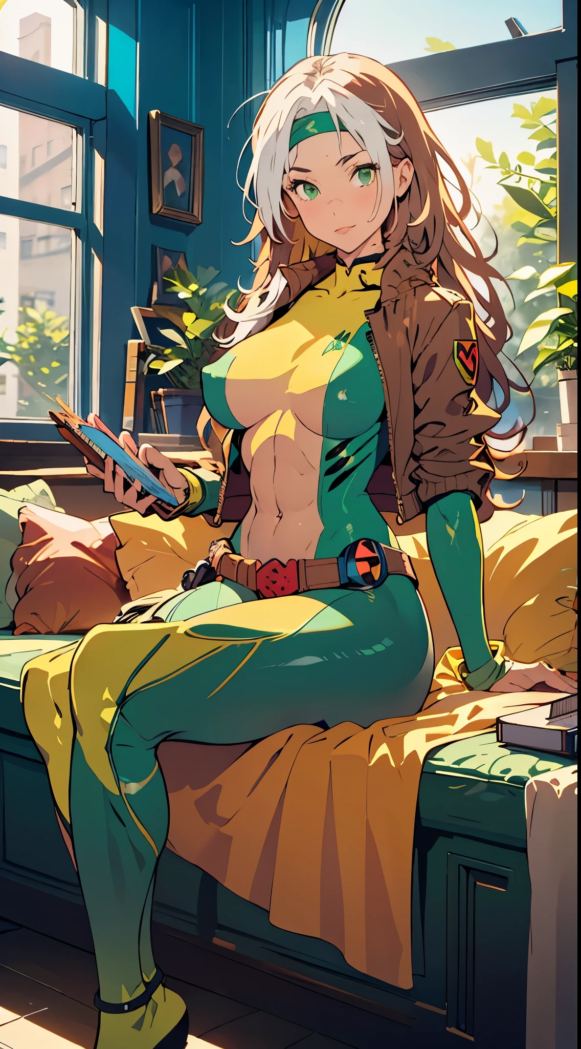 (masterpiece, best quality:1.2), classicrogue, 1girl, solo, long hair, breasts, smile, large breasts, brown hair, green eyes, jacket, big hair, white hair, multicolored hair, parted lips, open clothes, belt, two-tone hair, open jacket, lips, bodysuit, covered navel, makeup, muscular, headband, abs, skin tight, multicolored clothes, muscular female, dyed bangs, multicolored bodysuit, green bodysuit, yellow bodysuit, butterfly, bug, window, sitting, indoors, plant, book, laptop, computer, couch, looking at viewer, closed mouth, blurry, blue butterfly, potted plant, building, expressionless, depth of field, book stack, day