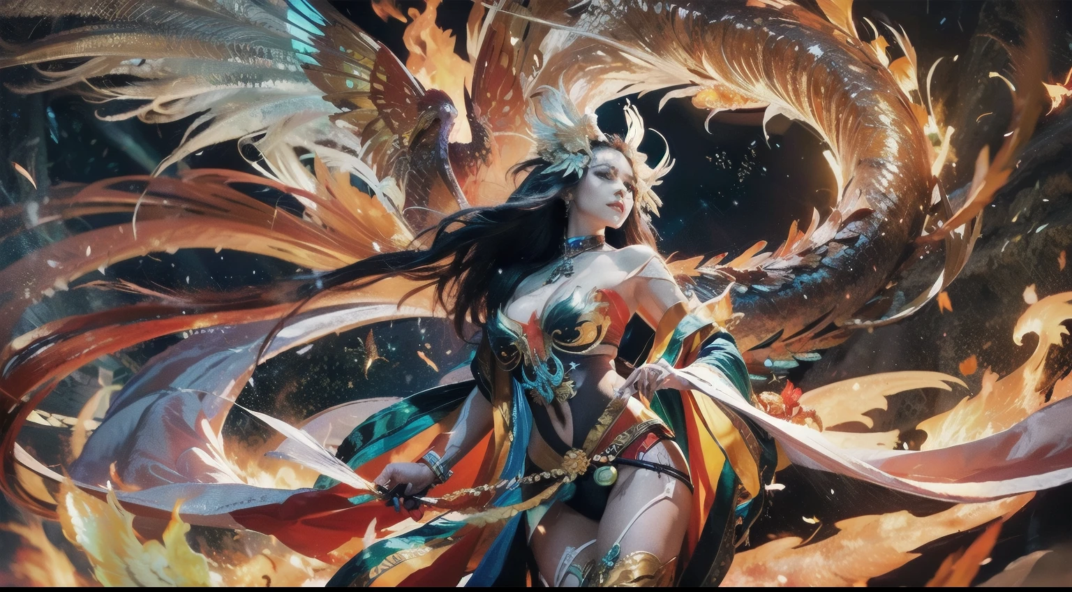 a close up of a woman with a fire bird on her shoulder, ''wallpaper of a phoenix, phoenix warrior, appears as the fire goddess, fire goddess, beautiful celestial mage, real phoenix dragon, anime fantasy illustration, ''wallpaper of a phoenix resting, jellyfish phoenix, goddess of fire, colorfull, the butterfly goddess of fire. Make the fire effect look real, bold, elegant and charming. Make her face more beautiful like a Goddess. 4K.