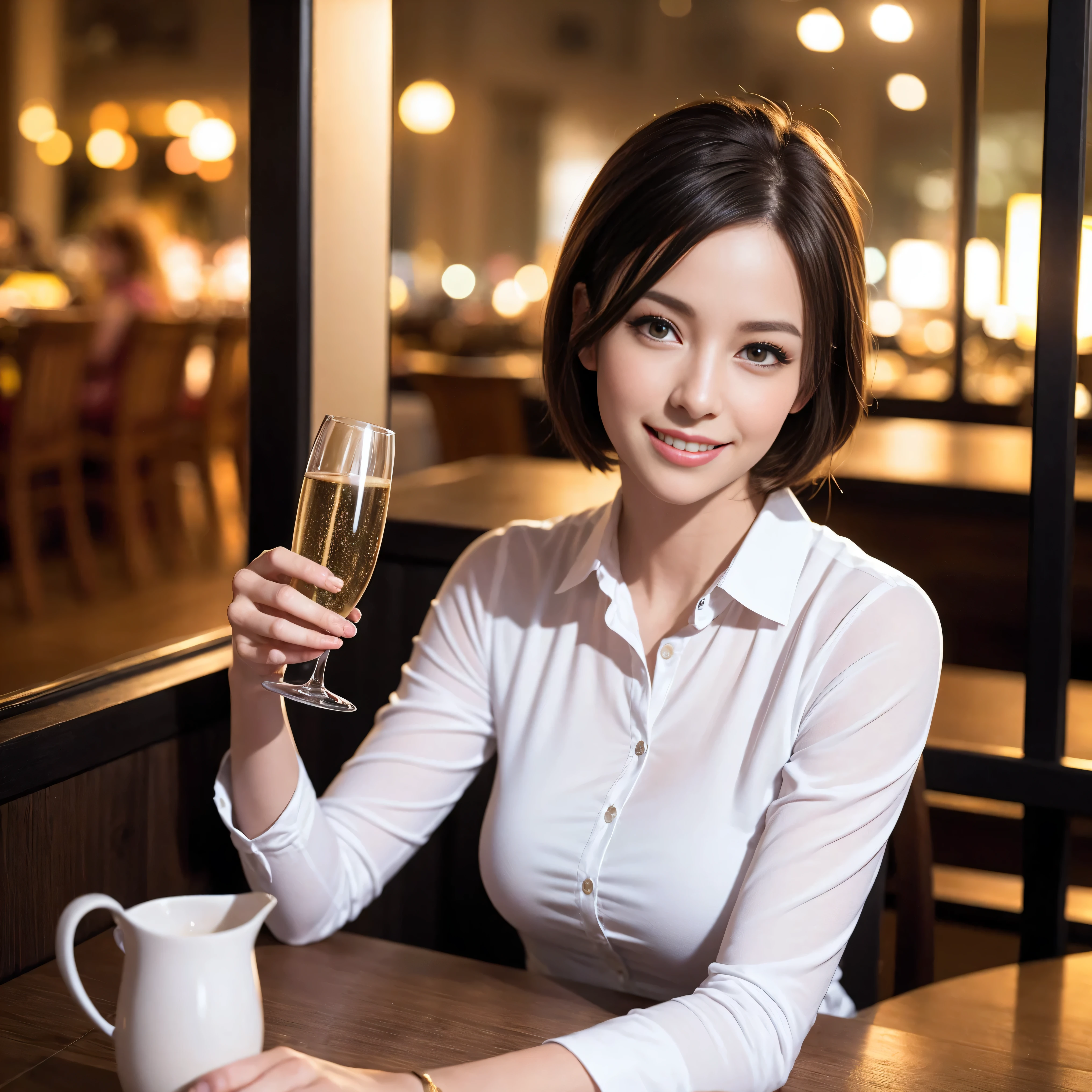 K, Hmm, highest quality, masterpiece: 1.2), (realistic, photorealistic: 1.37), Super detailed, 3 slim beauties, (slim face),Happy、 the best smile、Fox face、Berry Short、(because I'thin), (brown hair), (shortcut), long sleeve shirt、winter fashion、Colombian、Brazilian、Japanese、Dutch、German、Portuguese、Belgian、Italian、French,Champagne、sparkling wine、 (squirt), (slim body), (brown hair), (shortcut), neat beauty、cheeks turn a little red, (35 years old), 38 years old, alone, A beautiful and detailed night view spreads out outside the window....., restaurant, wine glass is sitting, At night, in a prominent place (from the Upper body) nova frog style, actress, model, Upper body, White wine, slim, wine glass, Very beautiful night view, wine glass Put in the Middle, Happy smile, (smile: 1.15),