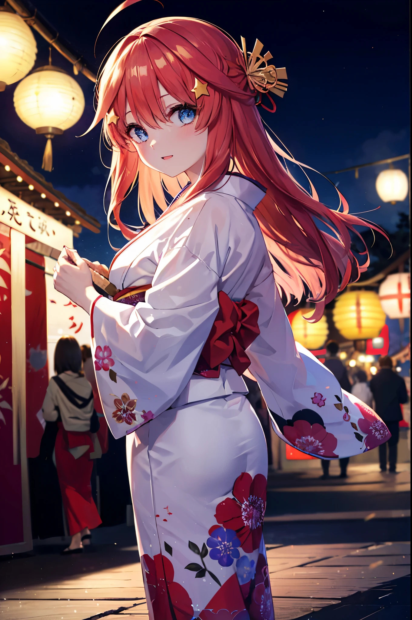 itsukinakano, itsuki nakano, bangs, blue eyes, hair between eyes, Ahoge, redhead, star \(symbol\), hair ornaments, star hair ornaments,Akabu&#39;s glasses,smile,blush,happy atmosphere,open your mouth,long hair,tie your hair back,red gorgeous kimono,night空の花火,fireworks,Zori sandals,japanese festival,summer festival stalls,red lantern,night,So that the whole body is included in the illustration, night
break outdoors, shrine,
break (masterpiece:1.2), highest quality, High resolution, unity 8k wallpaper, (shape:0.8), (fine and beautiful eyes:1.6), highly detailed face, perfect lighting, Very detailed CG, (perfect hands, perfect anatomy),