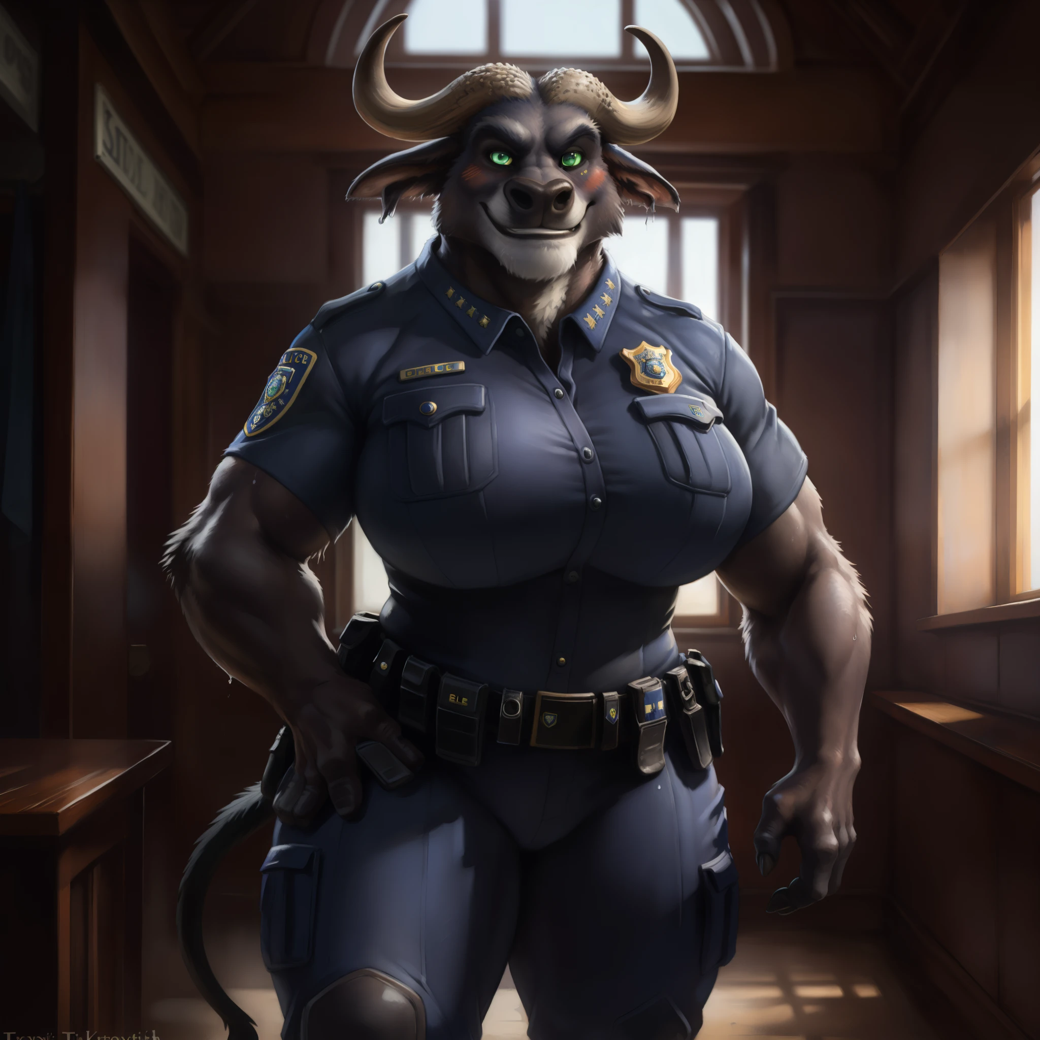 solo, (ultra detailed), a beautiful and detailed full size portrait of a female anthro chief bogo, green eyes, glowing eyes, black body, brown skin, horns, tail, bedroom eyes, detailed eyes, big body, sexy body, (wide body). goddess, kenket, Ross Tran,ruan jia, trending on artstation,foxovh, cenematic lighting, big boobs, big , big , big , big , big , big , wet, (((police uniform))), day, smile, looking at viewer, blush, wet, front view, standing, court room, hands free,
