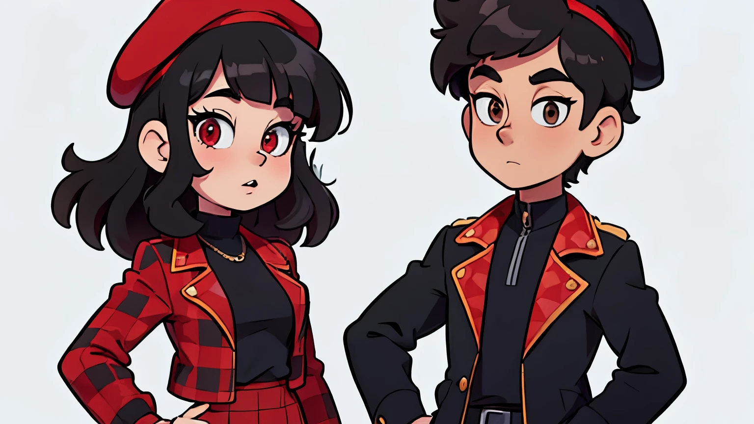 A fair-skinned boy wearing a red and black checkered jacket, curly hair, and a black beret. Next to him, there is a brunette girl, dressed in black clothes, with straight black hair and a fringe.