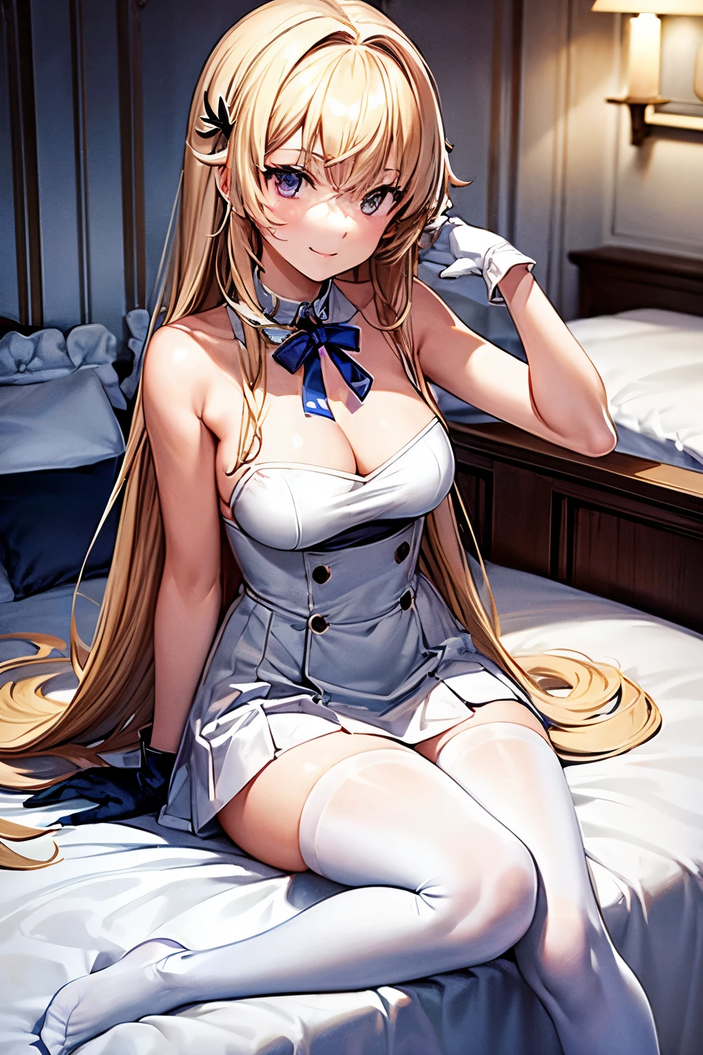 highest quality, masterpiece, 1 girl, alone, ferry,blonde long hair, ferryBase, Thighhighs, bare shoulders, jewelry, No sleeve, white dress, blue skirt, gloves, bed room, bed, wooden floor, sitting, sitting on bed, put your hand on your foot, subtle smile, soft lighting, full body, wide hips, medium breasts