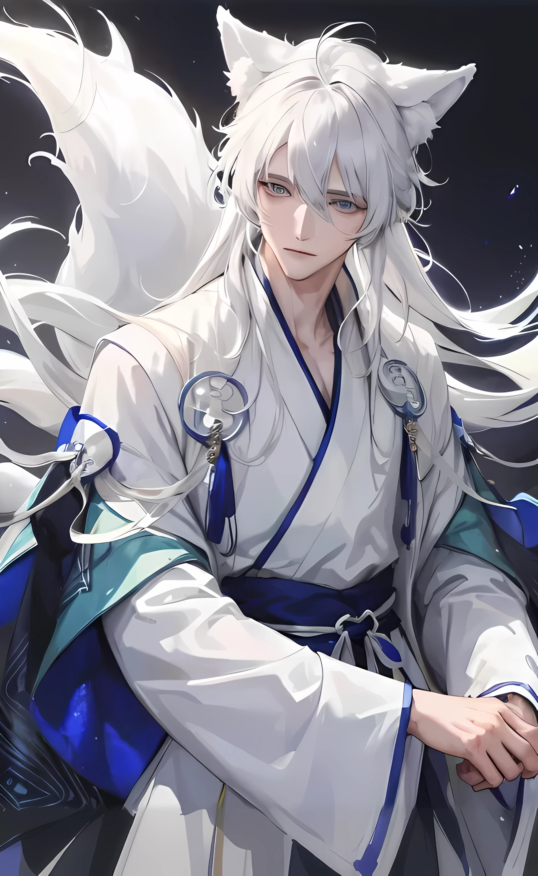 gray hairの人と白猫のアップ, gray hair deity, flowing hair and long robes, 長いgray hairで, 長いgray hairがある, flowing white coat, gray hair, white fur fox, Tall anime guy with blue eyes, gray hairの, Demon Slayer: Kimetsu no Yaiba Art Handsome Man, 流れるgray hair, anime male characters