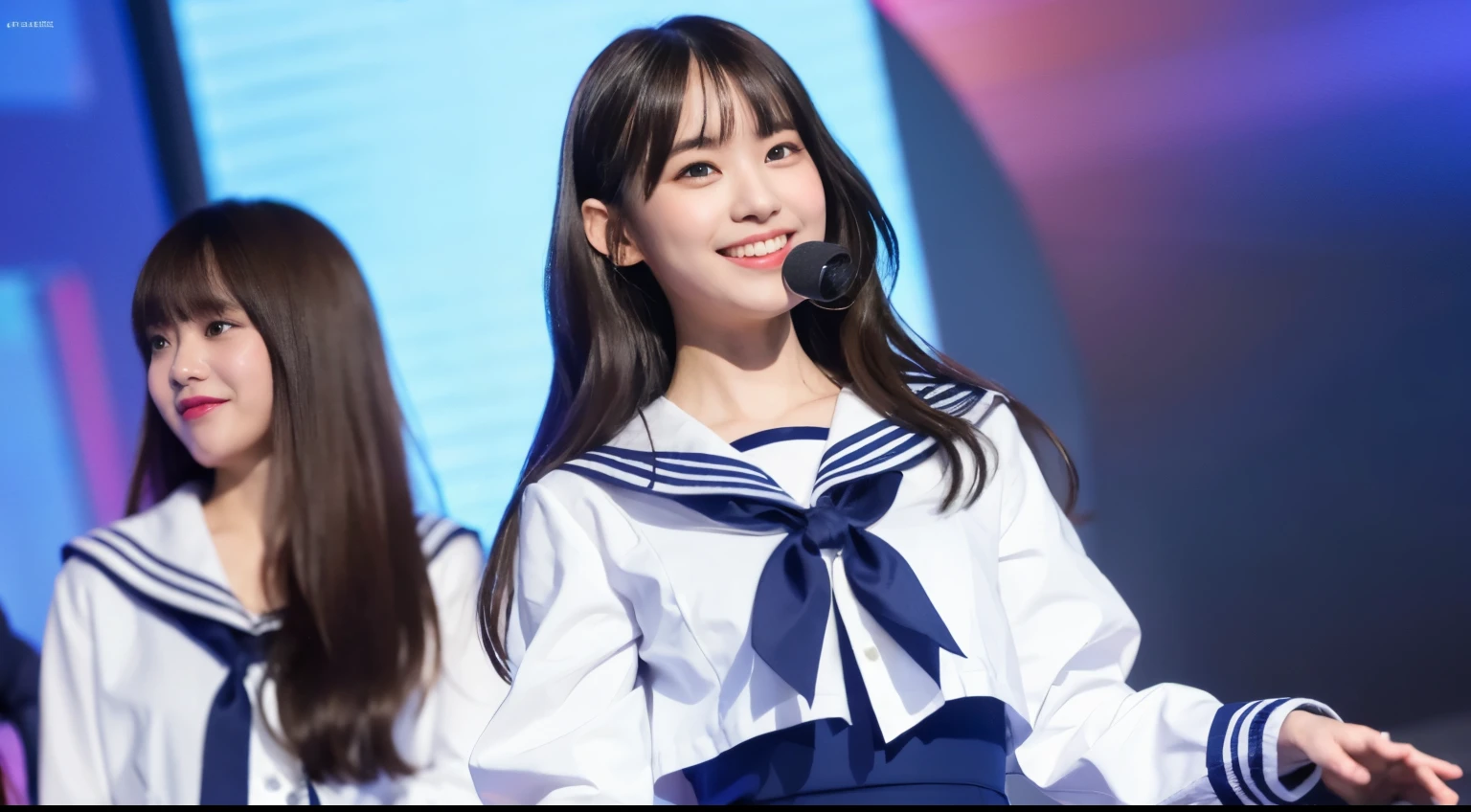 (8k, RAW photos, top quality, masterpiece: 1.2), super detail, super resolution, (photorealistic: 1.4), , high school girl miss con, schoolgirl posing on stage, smile so much that you can see teeth, full body shot, full body photo, high resolution RAW color photo, beautiful and shiny stage light, real light, detailed background of female proofreading miss con 2022, Dancing on stage, swaying skirt, holding a microphone in her right hand, very detailed and beautiful background, super high image quality, 8k wallpaper, amazing details, very fashionable and delicate uniform, very detailed beautiful girl, very detailed face very detailed eyes, very realistic skin, very detailed fingers, very detailed nose, very detailed mouth, perfect anatomy, very detailed background, very detailed clothes, teen, Cute girl, Famous Japan idol, Cute, Realistic body, Slender, White skin, Glowing skin, Slim body, Long straight hair, (Dull bangs:1.2), Realistic face, Delicate eyes, Double eyelids, Sailor suit, red tie, pink eye shadow, (((Hair is fluttering every time a high school girl dances)), Celebrity-level cuteness, Modern female proofreading, ( Heart mark under the eye wo) (Cute pose)