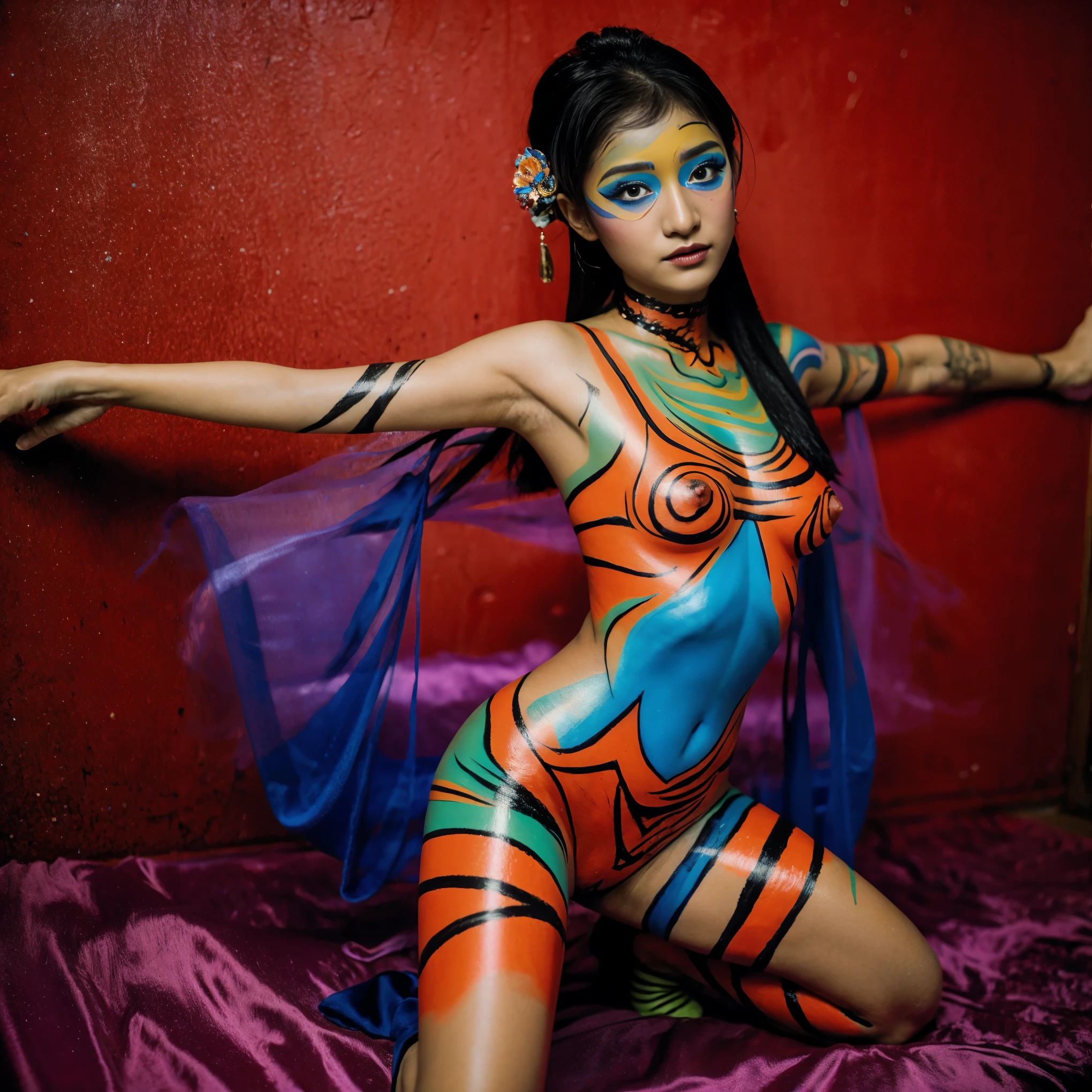 The image shows a bodypainting contest with girls